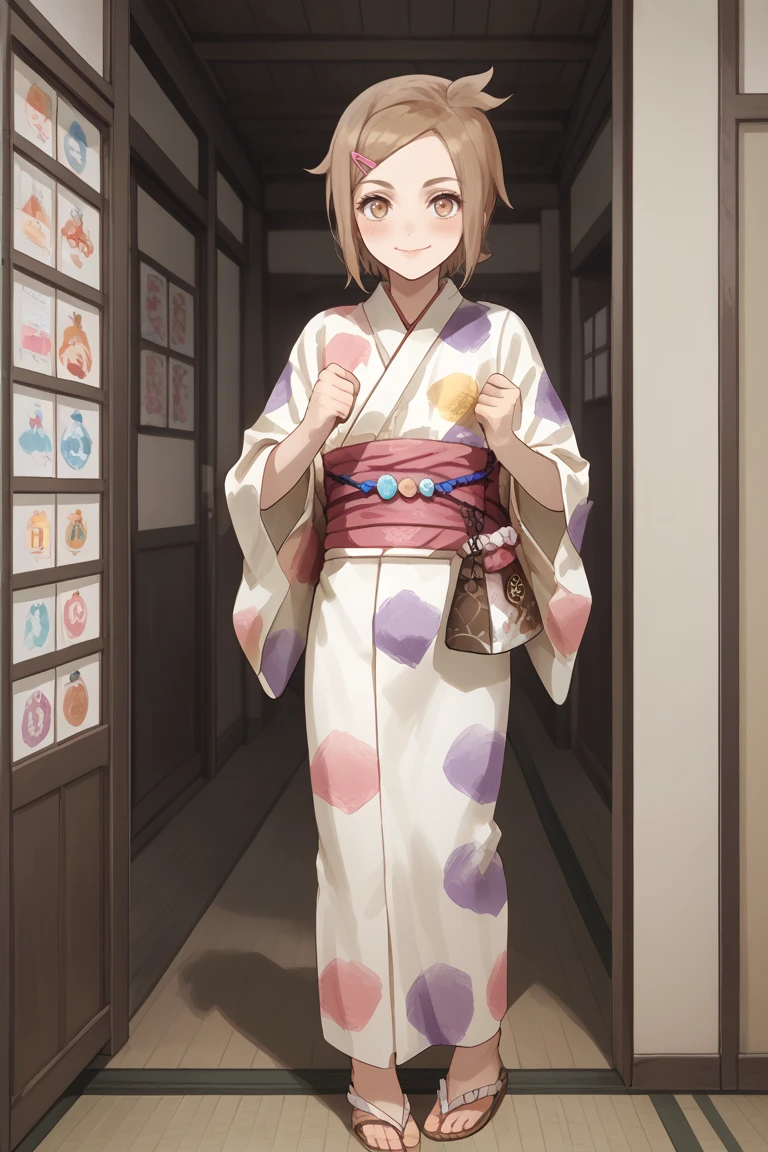 score_9, score_8_up, score_7_up, score_6_up, Houchou toushirou, brown hair, brown eyes, hanamaru style, japanese clothes, solo, kimono, smile, hairclip, hair ornament, sandals, male focus, 1boy, full body, yukata, bag, sash, obi, blush, standing, looking at viewer, short hair