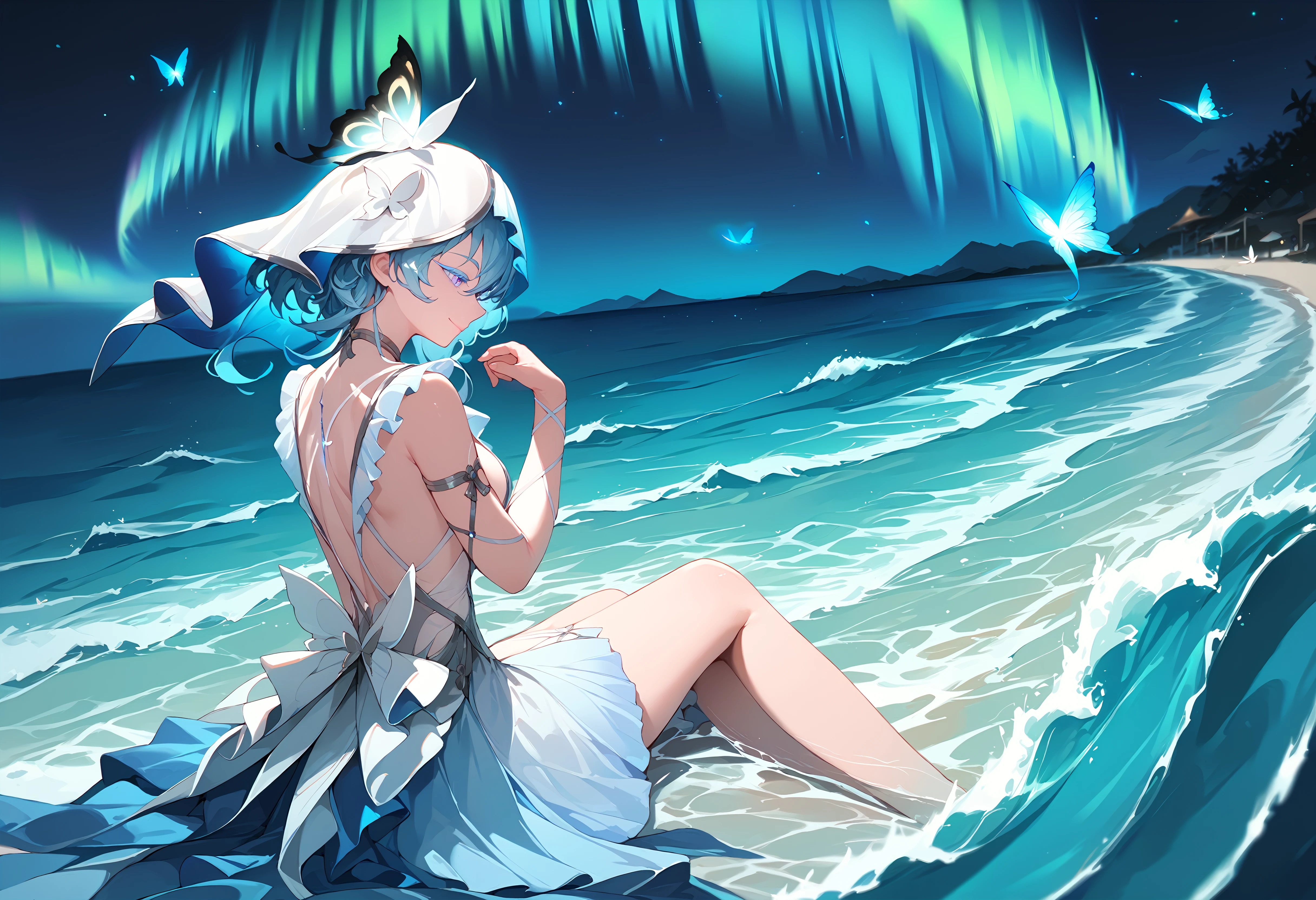 (score_9, score_8_up, score_7_up), 1girl, shorekeeper, colored eyelashes, veil, criss-cross arm straps, sitting, on side, from behind, hand up, ocean, glowing, waves, butterfly, (night:1.2), aurora, closed mouth, smile, depth of field, <lora:shorekeeper-wwPO-v1cr:0.9>
