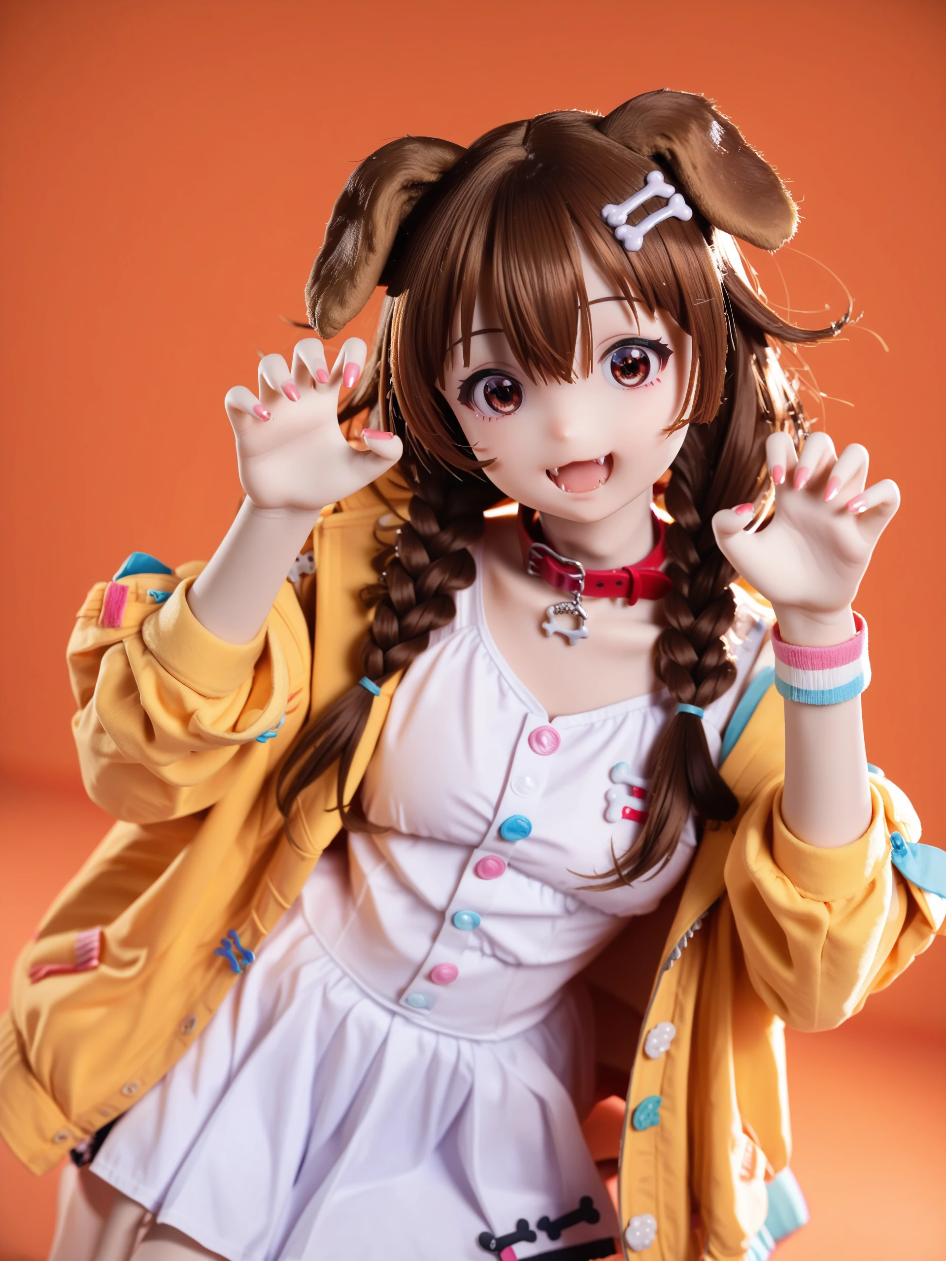 score_9,score_8_up,score_7_up,photo background,
1girl,virtual youtuber,inugami korone,animal ears,solo,bone hair ornament,brown hair,hair ornament,twin braids,dress,braid,claw pose,dog ears,white dress,yellow jacket,looking at viewer,jacket,nail polish,collar,long hair,open mouth,red collar,hair between eyes,bangs,orange background,wristband,dog girl,low twin braids,smile,fangs,brown eyes,animal collar,jewelry,bracelet,open jacket,feet out of frame,buttons,hairclip,open clothes,short dress,collarbone,long sleeves,