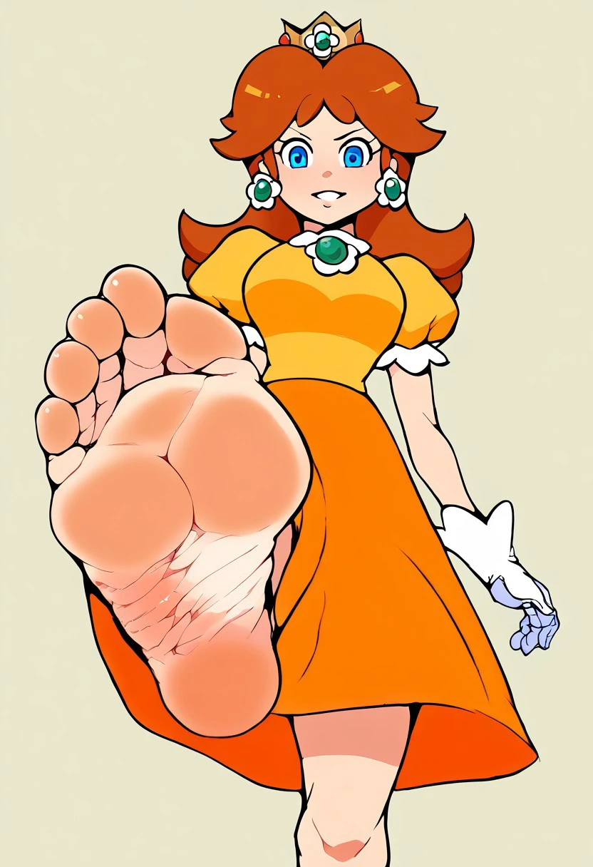 (score_9, score_8_up, score_7_up, score_6_up, score_5_up, score_4_up), lazzylad, best quality, source_cartoon, 1girl, solo, princess daisy, blue eyes, long hair, orange hair, crown, daisy, dress, flower, gem, gloves, orange dress, puffy short sleeves, puff...