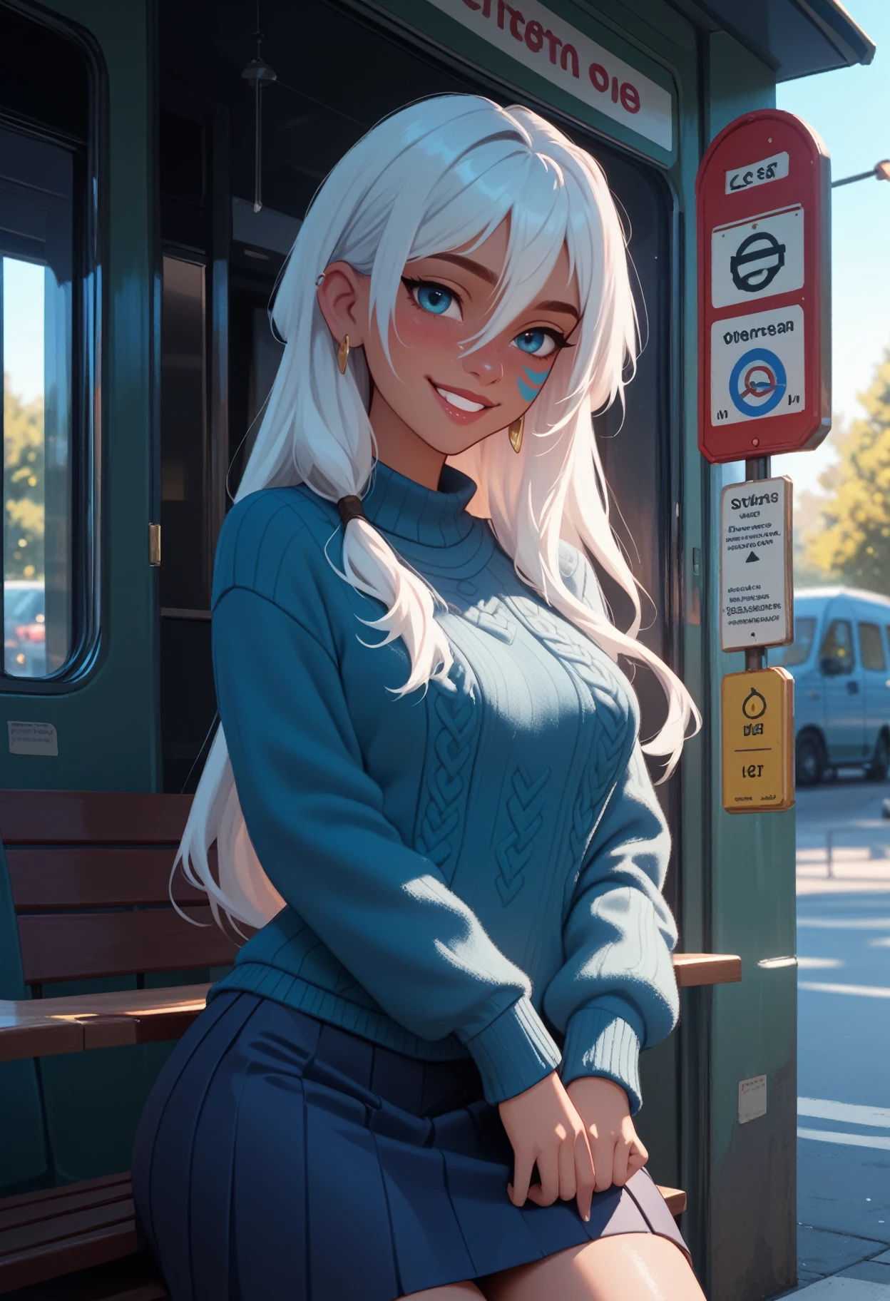 zPDXL3, score_9, score_8_up, score_7_up, score_6_up, score_5_up, score_4_up, 
1girl, solo, medium breasts, skindentation, thick thighs, 
seductive smile, seiza,
sweater dress, lowleg skirt, 
bus stop,
<lora:Atlantis - Kida v1:1> atkida, blue facial mark, white hair,