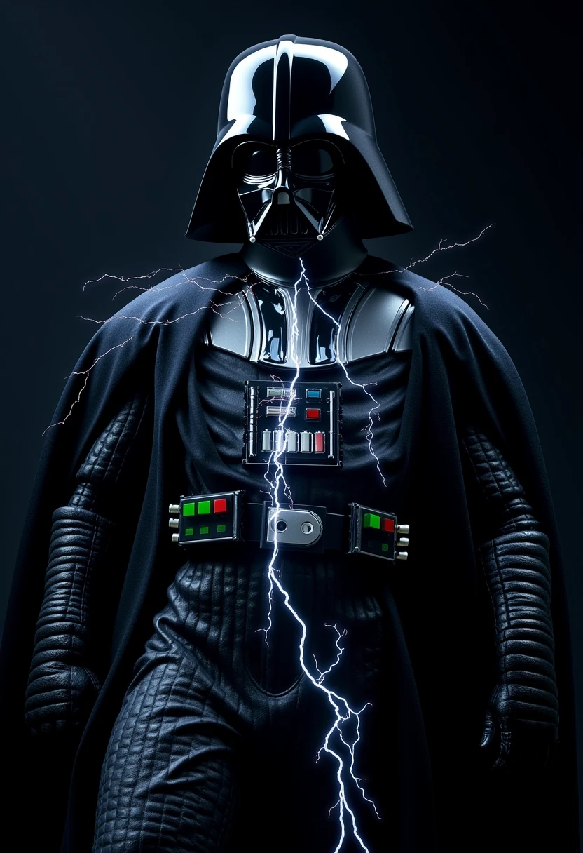 The image is a realistic photograph, dramatic style, showcasing Darth Vader, a character from the Star Wars franchise. Vader is depicted in his iconic black armor, with a menacing helmet that covers his head. Darth Vader his body is run through with electricity making his skeleton visible. His armor is sleek and glossy, with a high sheen that catches the light, electric shock. 