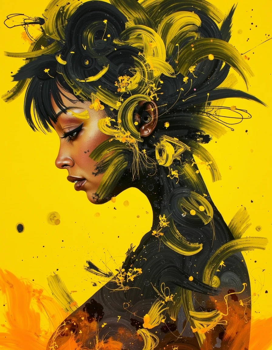 dcho, woman, side view, eye barely open, bright yellow background, hair and body made out of thick black paint blending with the yellow, black floral scribbles, mixture of orange at bottom