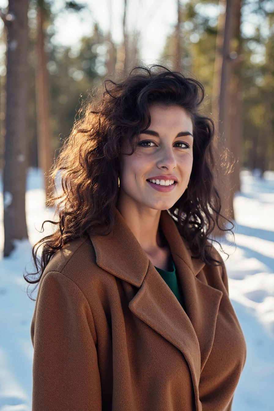 <lora:Sarah_Louise_Young_Flux_E10:1> professional photo, close-up portrait of a woman in winter clothing in a snowy forest on a sunny winter day, looking at the viewer, smiling, bokeh, detailed skin texture, (blush:0.5), (goosebumps:0.5), subsurface scattering