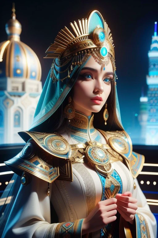 (High quality), (masterpiece), (detailed), 8K, A captivating portrait of a (stunning woman1.2) with (hypnotic eyes1.2) and (exotic features1.2), dressed in a (futuristic ensemble1.2) inspired by (Moroccan and Tunisian1.2) fashion. Her (elaborate headdress1.2) showcases a blend of (traditional patterns1.2) and (modern technology1.2), with (glowing fibers1.2) weaving through intricate designs. The background hints at a (futuristic cityscape1.2) with (Moroccan architecture1.2), blending (ancient traditions1.2) with (cutting-edge innovation1.2).