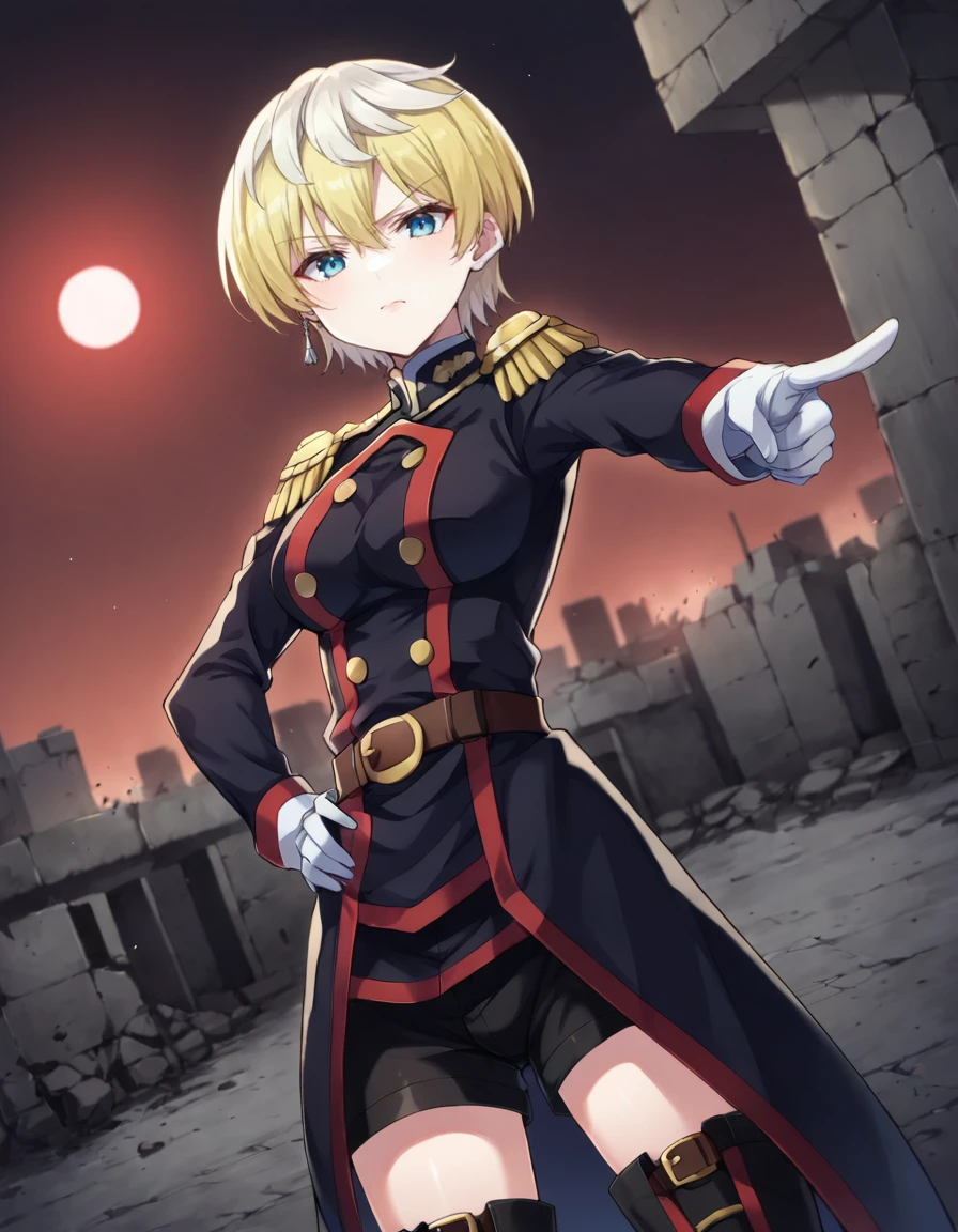 score_9, score_8_up, score_7_up, source_anime, BREAK
1girl, solo, looking at viewer, blurry background, portrait, angry, standing, dutch angle, arm on waist, pointing at viewer, outstretched arm,
post-apocalypse, ruins, night, city, destruction, explosion, red moon,
battle uniform, epaulettes, long sleeves, white gloves, belt, black shorts, thigh boots,
tenka izumo, short hair, multicolored hair, white hair, blonde hair, blue eyes, hair between eyes, single earring,
<lora:tenka_izumo_anime-soralz:1>