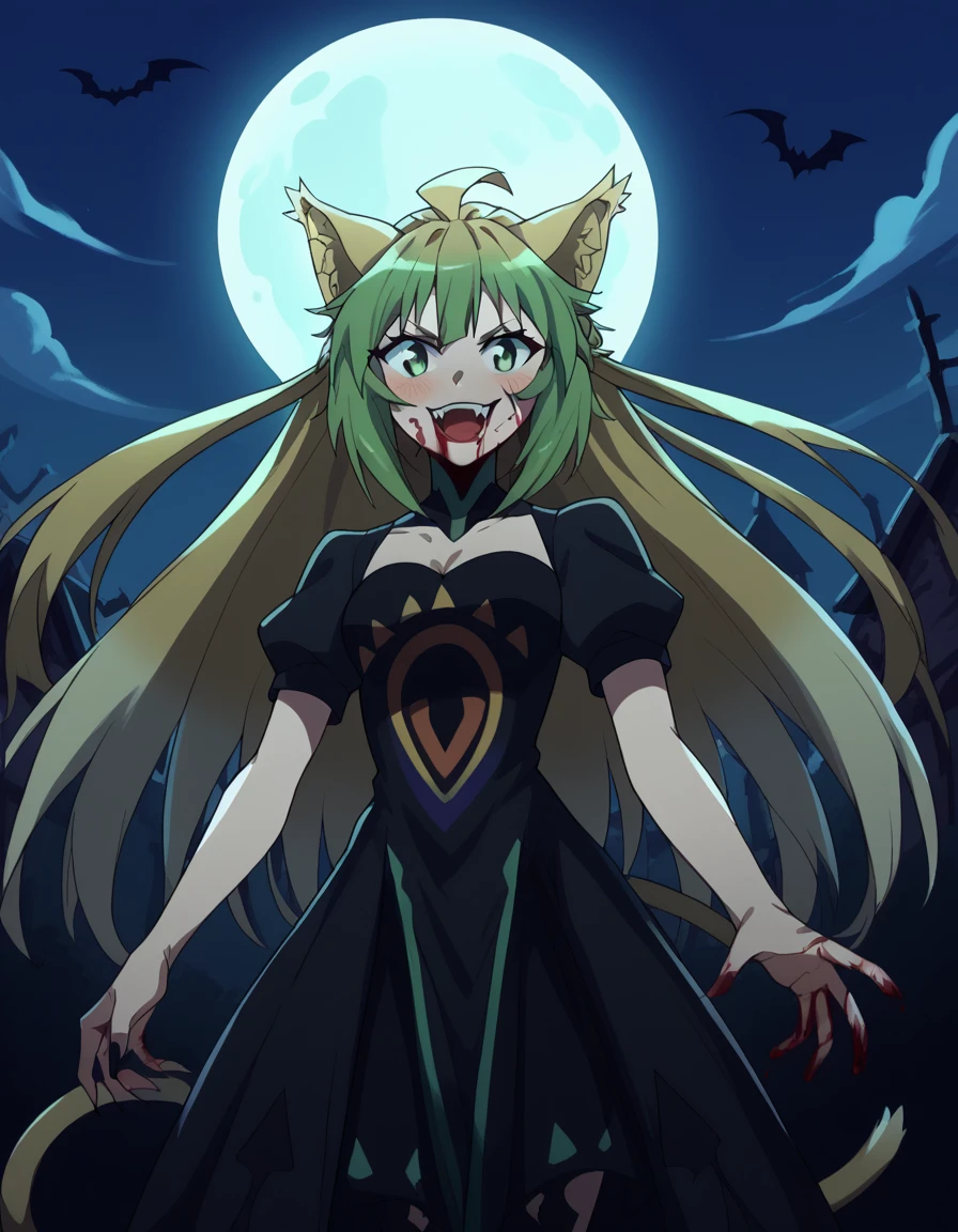 score_9, score_8_up, score_7_up, source_anime, <lora:atalanta-apocrypha-s1-ponyxl-lora-nochekaiser:1>, atalanta, animal ears, blonde hair, cat ears, cat girl, cat tail, green eyes, green hair, hair between eyes, long hair, multicolored hair, tail, medium breasts,, <lora:vampire-ponyxl-lora-nochekaiser:1>, vampire, red eyes, pointy ears, fangs, black dress, wings, blood, blood on face, blood on mouth, bat (animal), halloween, halloween costume, upper teeth only, night, moon, blush, smile, open mouth, , dutch angle, cowboy shot