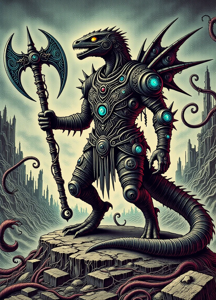 A cybernetic reptilian warrior stands atop a ruined cityscape, his scaly body a mass of sharp ridges and dark metallic plating. In his right hand, he wields a gleaming tactical tomahawk emblazoned with circuitry and glowing blue runes. His piercing yellow eyes glow with an inner intensity as he scans the horizon for threats.