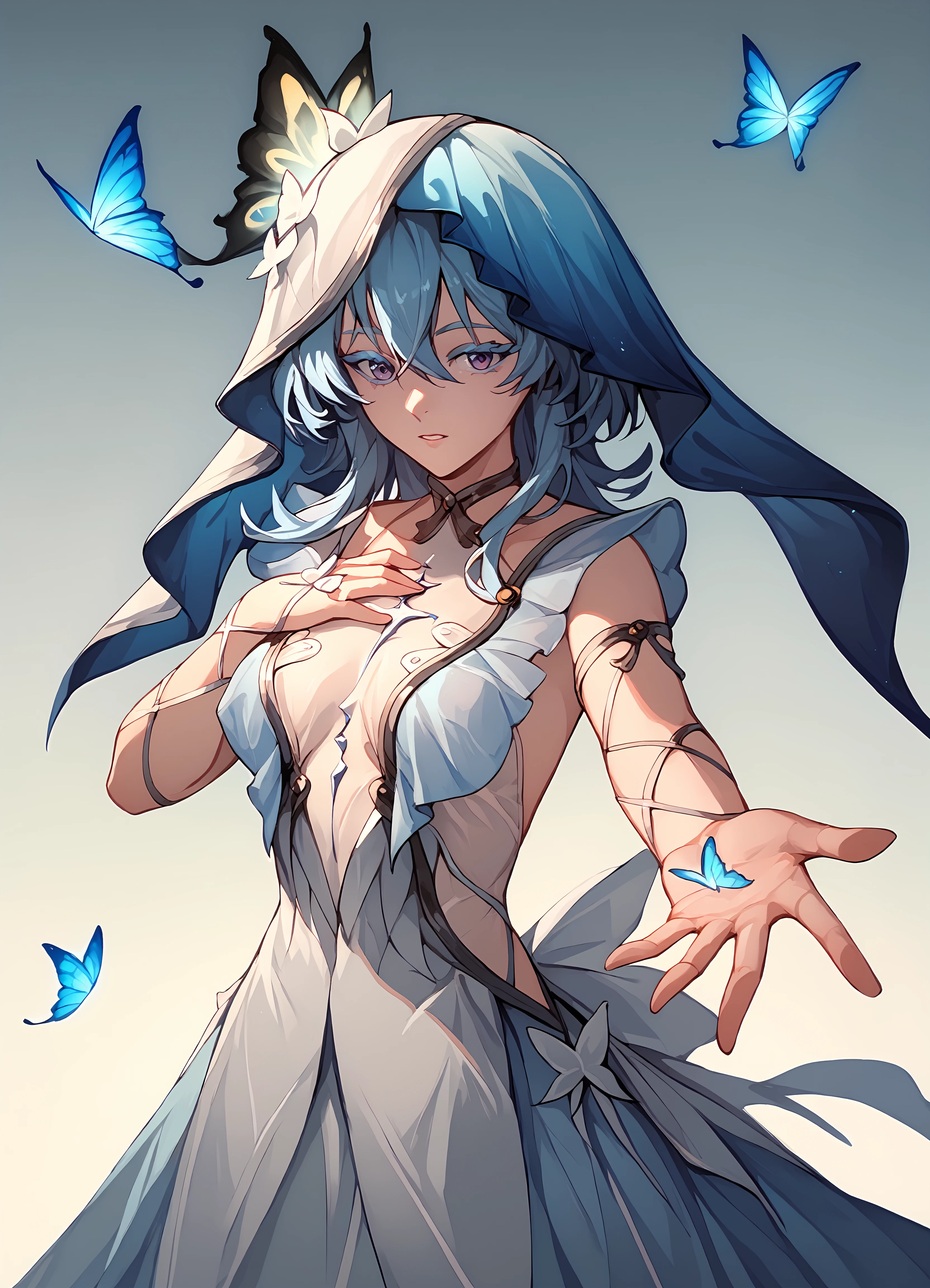 (score_9, score_8_up, score_7_up), 1girl, shorekeeper, colored eyelashes, veil, criss-cross arm straps, see-through, hand on own chest, reaching towards viewer, butterfly on hand, cowboy shot, gradient background, <lora:shorekeeper-wwPO-v1cr:0.9>