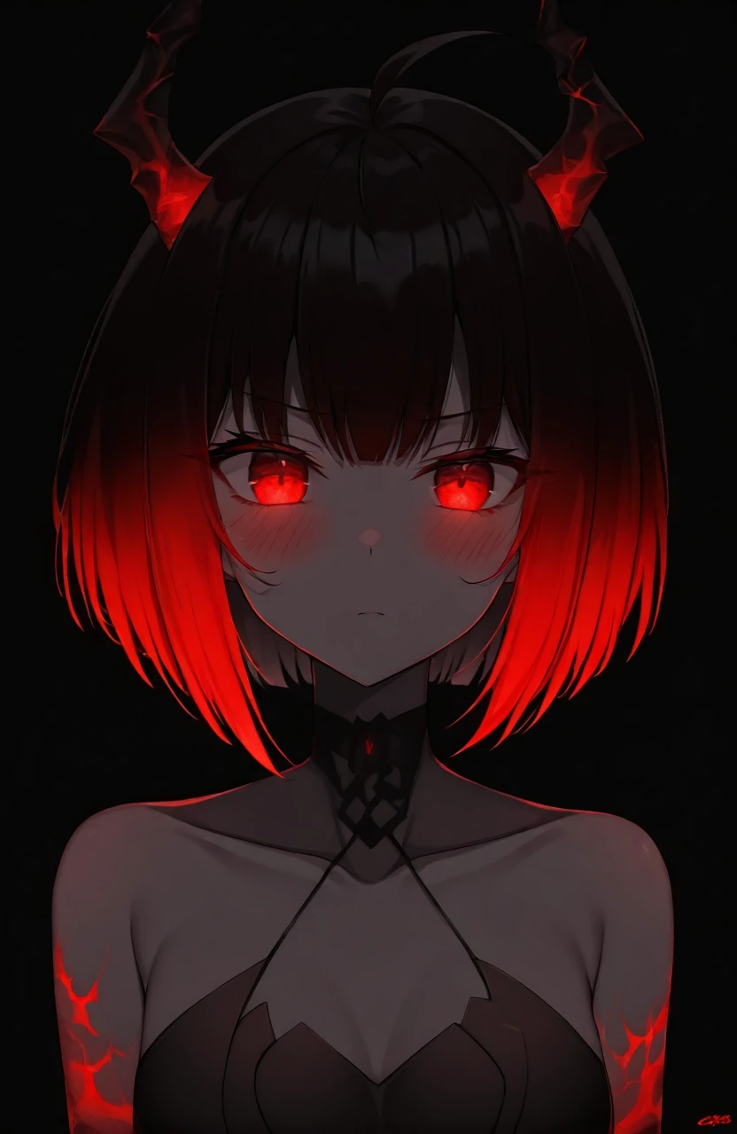 (Score_9,  score_8, score_6, score_7:0.6), masterpiece, best quality, good quality, newest,upper body, 1girl, solo, red eyes, horns, black hair, glowing eyes, red streaks, looking at viewer, short hair, collarbone, upper body, ahoge, signature, closed mouth, bangs, blush, bare shoulders,  dark, <lora:Glowing_Spot_Color_-_Illustrious:1>âââ