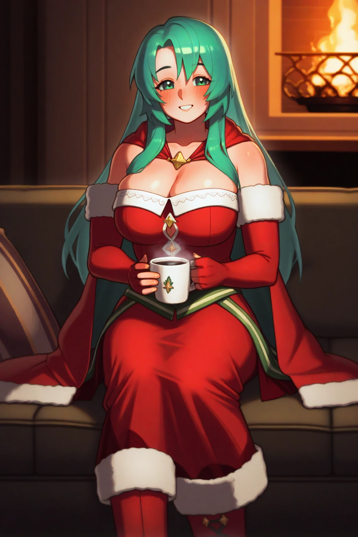 masterpiece, best quality, 1girl, solo, (riz:0.8) <lora:fececilia-illu-nvwls-v1-000005:1> wntCla, green hair, green eyes, red cape, fur trim, red dress, cleavage, bare shoulders, red skirt, red gloves, fingerless gloves, elbow gloves, red boots, big breasts, sitting, sofa, fireplace, holding cup of coffee, looking at viewer, happy, blush