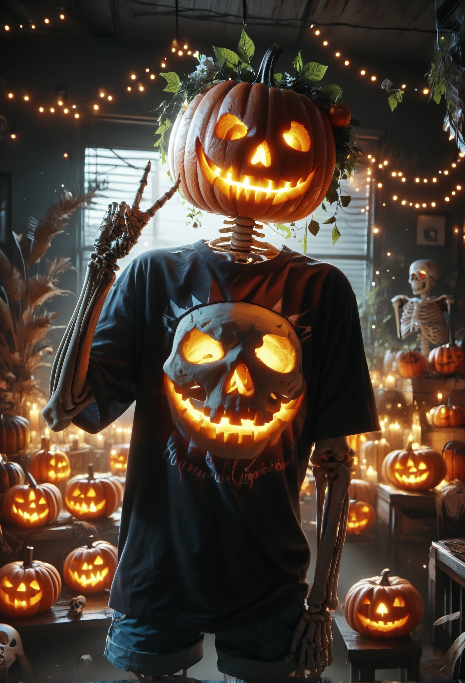 score_9, score_8_up, score_7_up, Skel-o'-lantern, skeleton, jack-o'-lantern, no humans, t-shirt, shorts, selfie, V sign, camera_flash, night, neon_lights, glowing eyes, glowing mouth,