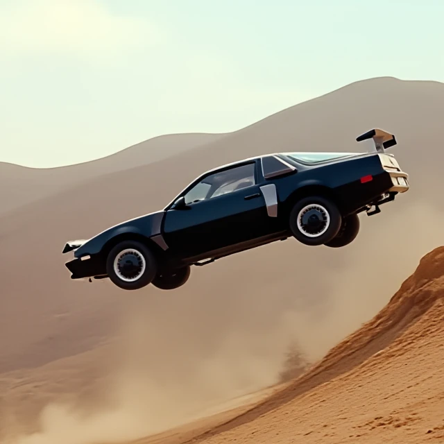 The car flying in high sky, wheel away ground, over cliff, vehicle focus, kitt from knight rider, matte black pontiac trans am, streamline bodywork, glow effect, retro film grain texture, futuristic sports car, futuristic spoiler at the rear wing, mountain, sand, dust,  <lora:SuperPursuitMode:1>