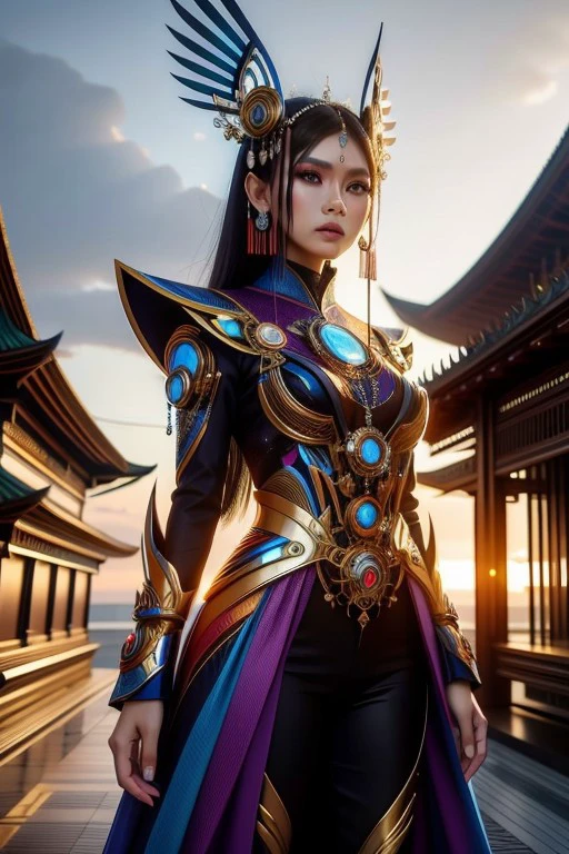 (high quality), (masterpiece), (detailed), 8K, Hyper-realistic painting of a young Indonesian woman wearing a futuristic suit that blends traditional patterns and vibrant colors, showcasing the rich heritage of Indonesia. She stands confidently in a dynamic pose, her detailed eyes reflecting determination and curiosity. The suit's material is a combination of traditional textiles and futuristic synthetic fabrics, giving it a unique and avant-garde appearance. Physically-based rendering techniques create realistic lighting and shadows, while the vivid colors capture the essence of Indonesian cultural aesthetics. The background features a fusion of modern architecture and traditional elements, creating a harmonious blend of the past and the future. This artwork explores the intersection of Indonesian culture, futuristic design, and the artistic representation of a confident girl.