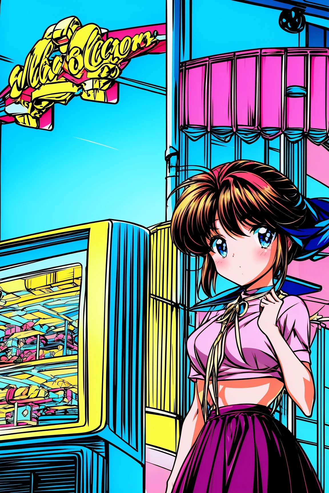 (exceptional, best aesthetic, new, newest, best quality, masterpiece, extremely detailed, anime:1.2),A beautiful anime girl with a retro 80s-90s aesthetic, wearing a vintage high-waisted skirt and a crop top with bold, geometric patterns in pastel colors. Her hair is voluminous, styled in loose waves with bangs, dyed in a soft brown with subtle blonde highlights, capturing the classic anime style. She has expressive, large eyes with a sharp, angular shape, giving her a charming, nostalgic look. She stands against a backdrop of a neon-lit street at dusk, with old CRT televisions and VHS tapes visible in shop windows. The scene has a warm, grainy texture, with muted orange and pink hues from the sunset reflecting off her face. The overall vibe is one of cool retro fashion and carefree energy, evoking a sense of anime nostalgia from the 90s era.