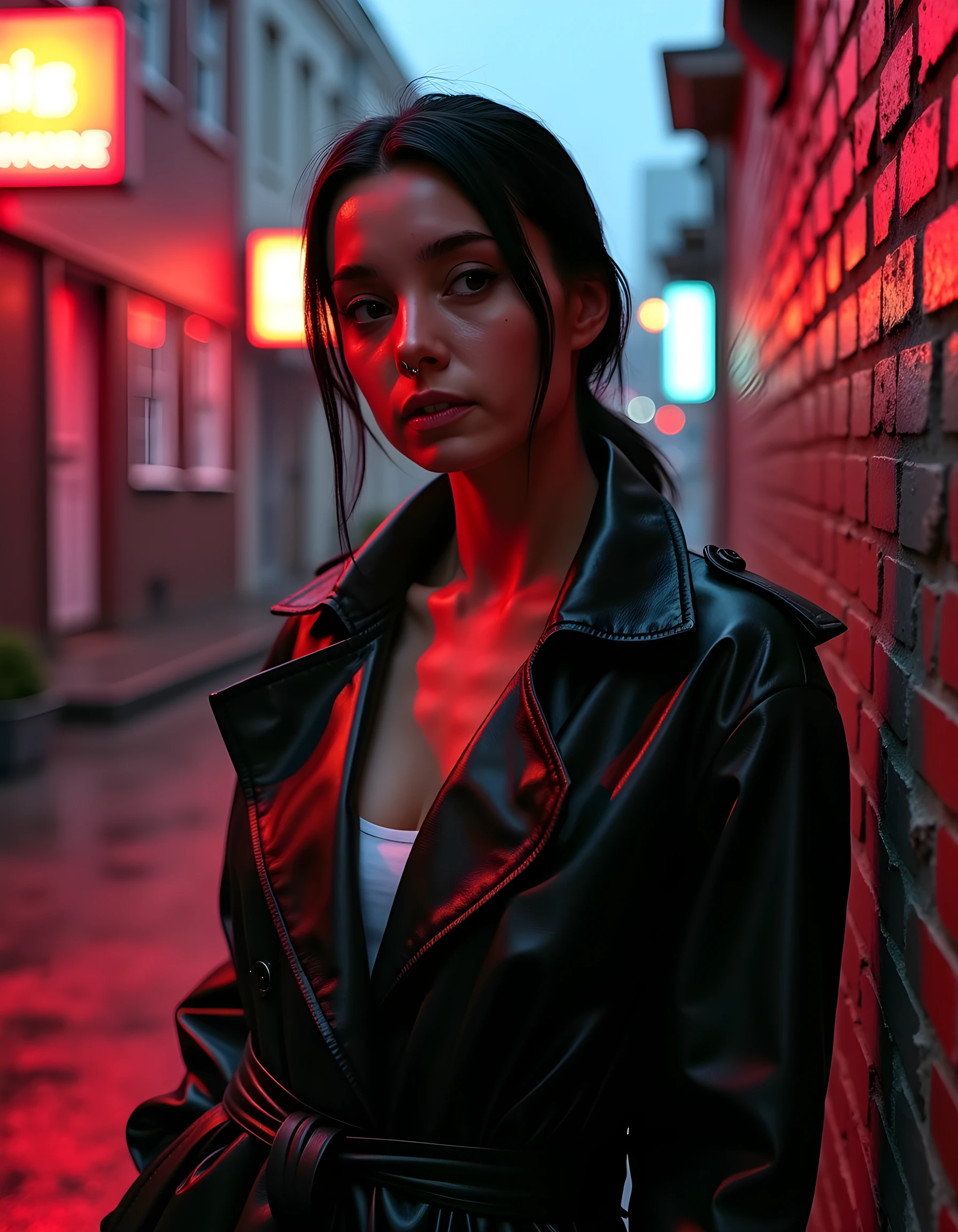 In a gritty, rain-soaked neo-noir alleyway at dusk, the captivating H4R0P0N3S, with her black hair slicked back from her piercing eyes, one hand casually tucked into the pocket of a tailor-made trench coat that contrasts sharply against the gloomy backdrop. Her red lips are curled into a knowing smirk as she leans against a graffiti-covered brick wall, the neon glow from a nearby sign casting an eerie light upon her flawless, slightly upturned collarbone, and the glint of a silver tooth in her otherwise perfect set. The camera captures this moment from a low angle, emphasizing her striking silhouette against the rain-soaked pavement and the foggy cityscape beyond, creating an intense, sultry atmosphere that exudes an air of mystery and danger.