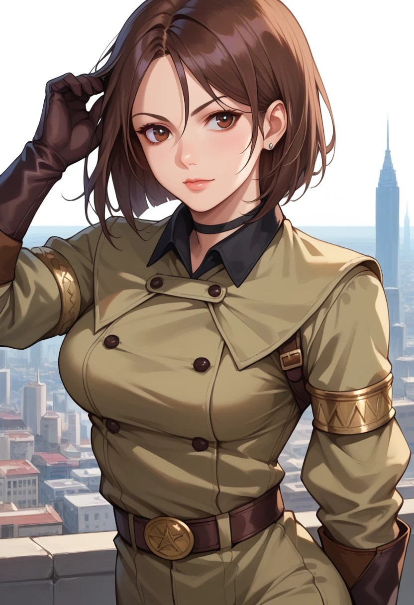 score_9, score_8_up, score_7_up,  source_anime,  BREAK   <lora:KOFWhip:1>, KOFWHP, brown hair, short hair, brown eyes, military unifrom, thighlet, gloves, belt, armlet,  close-up, hair behind ear,  adjusting hair, breasts, 1 girl, solo, cityscape,  cowboy shot,  pants,