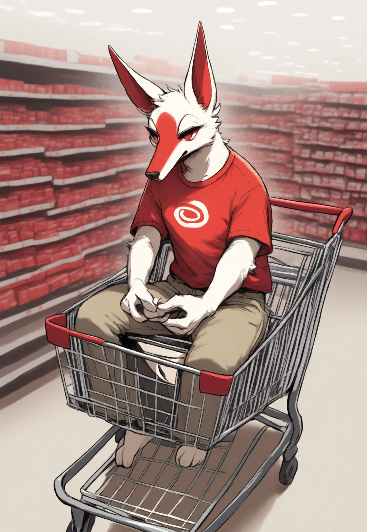 r3dsh1rtd3m0n, A (furry fox male:1.3) wearing a (red crew neck shirt:1.4) and (khaki pants:1.2), joyfully riding in a (shopping cart:1.3) outside a (red dot retail box store:1.4), surrounded by a (red aesthetic:1.5), capturing the essence of the line "I rode the city in a shopping cart, a pack of camels and a smoke alarm," vibrant colors, playful mood, urban setting