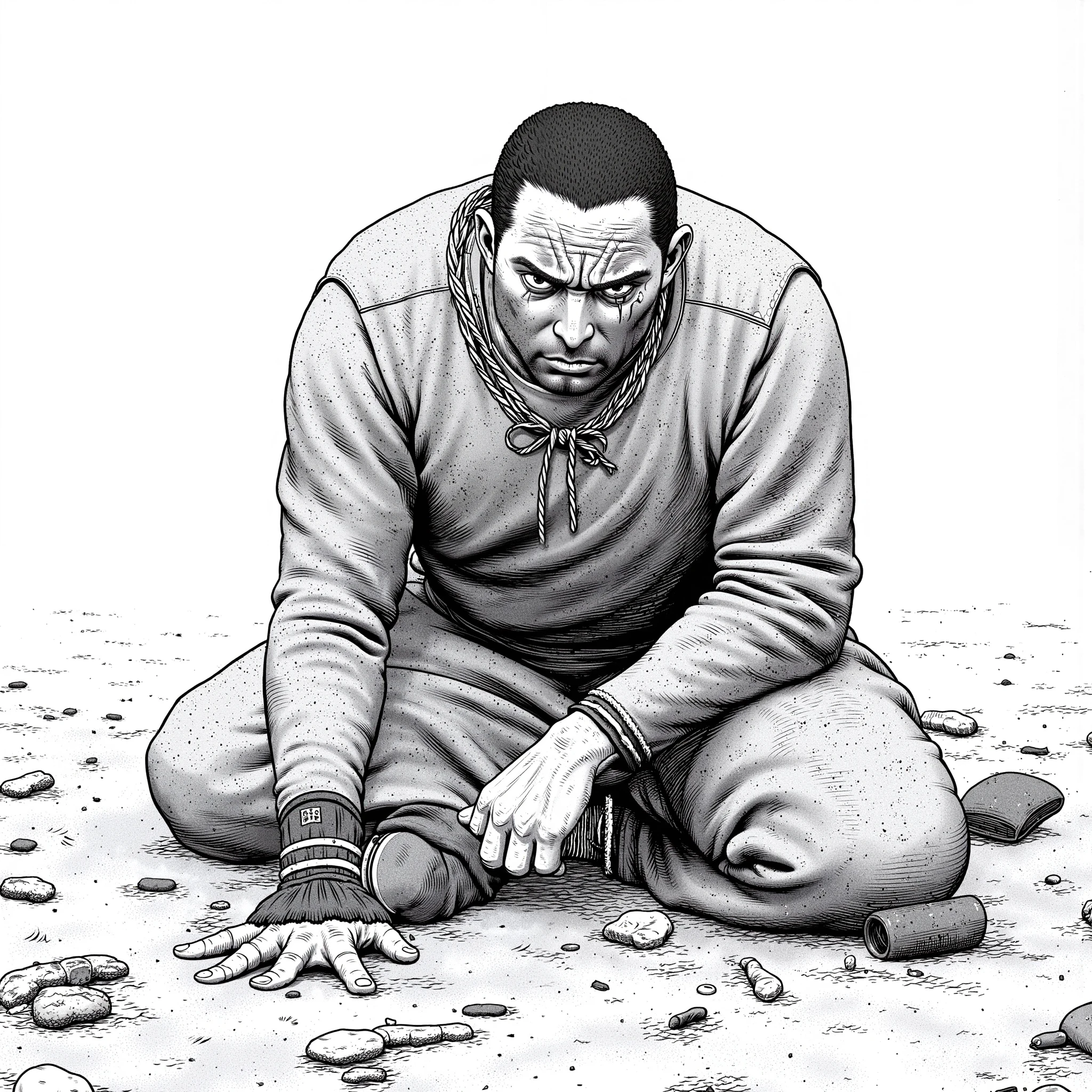 m4kyuk1, monochrome manga styled image, a heavily wounded man kneeling and looking at the ground angrily.