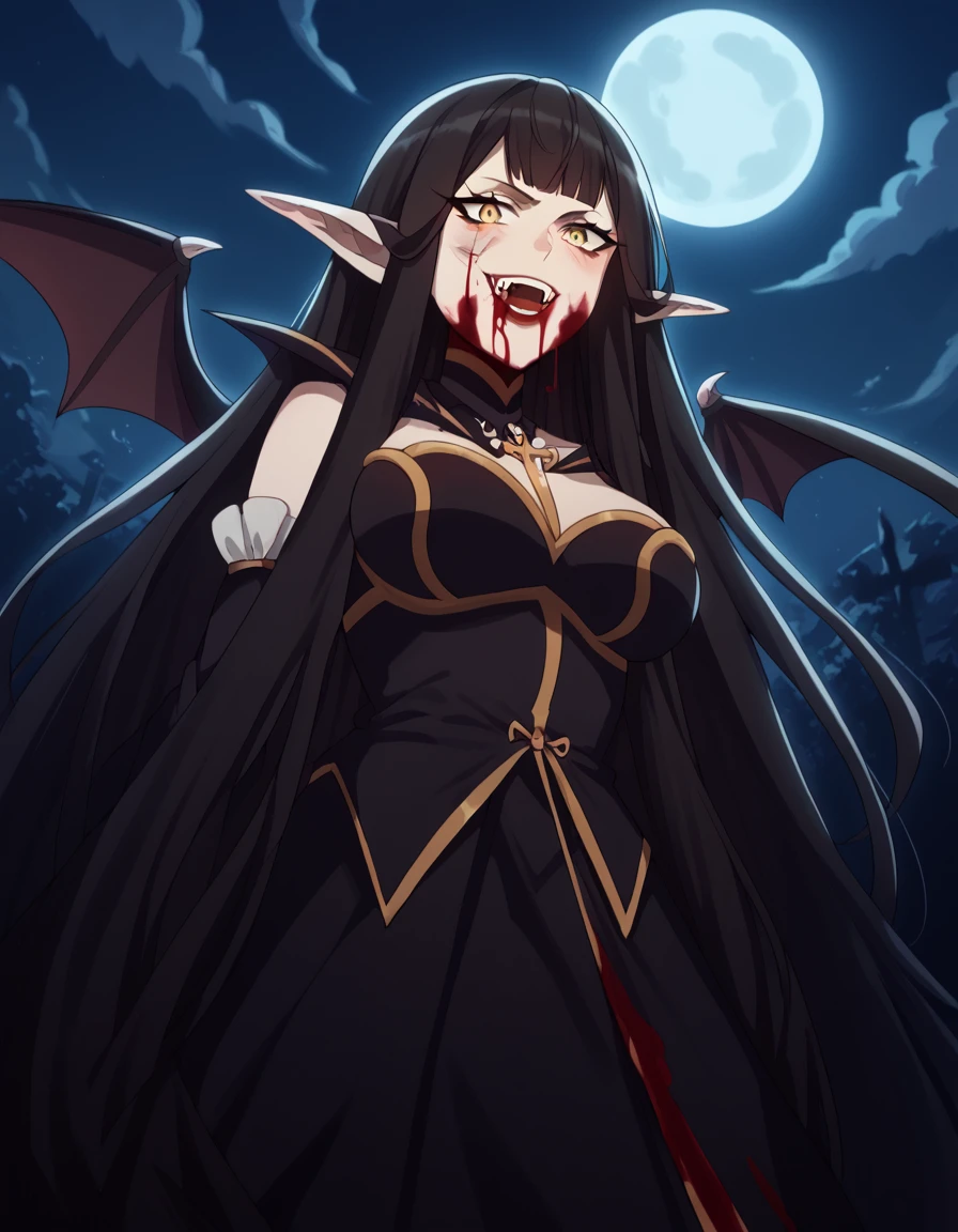 score_9, score_8_up, score_7_up, source_anime, <lora:semiramis-apocrypha-s1-ponyxl-lora-nochekaiser:1>, semiramis, black hair, blunt bangs, long hair, pointy ears, sidelocks, yellow eyes, large breasts,, <lora:vampire-ponyxl-lora-nochekaiser:1>, vampire, red eyes, pointy ears, fangs, black dress, wings, blood, blood on face, blood on mouth, bat (animal), halloween, halloween costume, upper teeth only, night, moon, blush, smile, open mouth, , dutch angle, cowboy shot