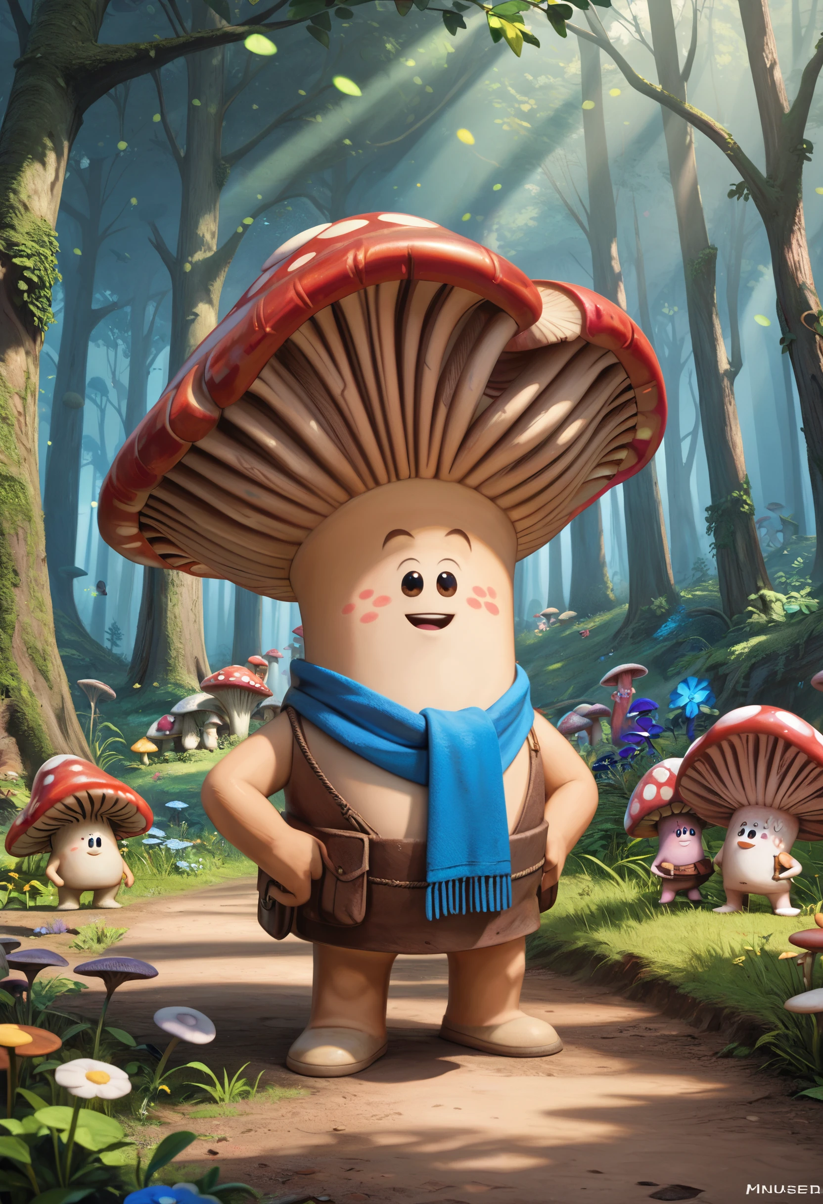 Masterpiece, score_9, score_8_up, mush-mush, mushroom, anthropomorphic mushroom, adventurous mushroom character, wearing a blue scarf, tall mushroom cap, standing in a mystical forest, glowing light filtering through trees, surrounded by floating flowers, fantasy environment, soft shadows, vibrant colors, detailed textures, joyful expression, whimsical mood   <lora:Mush-Mush_and_the_Mushables_-_Style__Pony_V6:1>