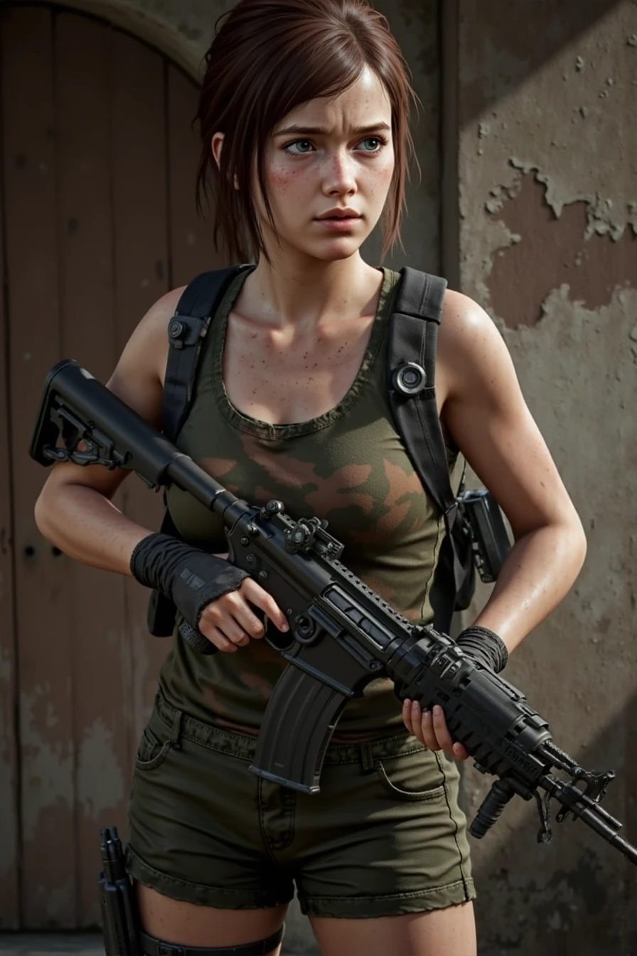 This is a highly detailed, digitally created photograph featuring a young woman with a fair complexion and light pink hair styled in a short, tousled bob with bangs. She is wearing a military-style outfit consisting of a camouflage-patterned tank top and matching shorts, accessorized with black fingerless gloves, a utility belt, and a black satchel strapped across her chest. Her expression is intense and focused, as she gazes over her right shoulder at the camera, holding an assault rifle with both hands. The rifle is black with a matte finish and has a large magazine attached.
The background is an ornate, aged wall with a decorative, arched design that suggests a historical or regal setting. The wall has a distressed, weathered appearance with patches of peeling paint, adding to the contrast and depth of the image. The lighting is dramatic, casting sharp shadows and highlighting the textures of the wall and the woman's outfit, emphasizing her muscular build and athletic physique. The overall style of the image blends elements of military and fantasy, creating a striking and dynamic composition that is both visually striking and thought-provoking.
<lora:last1:1>