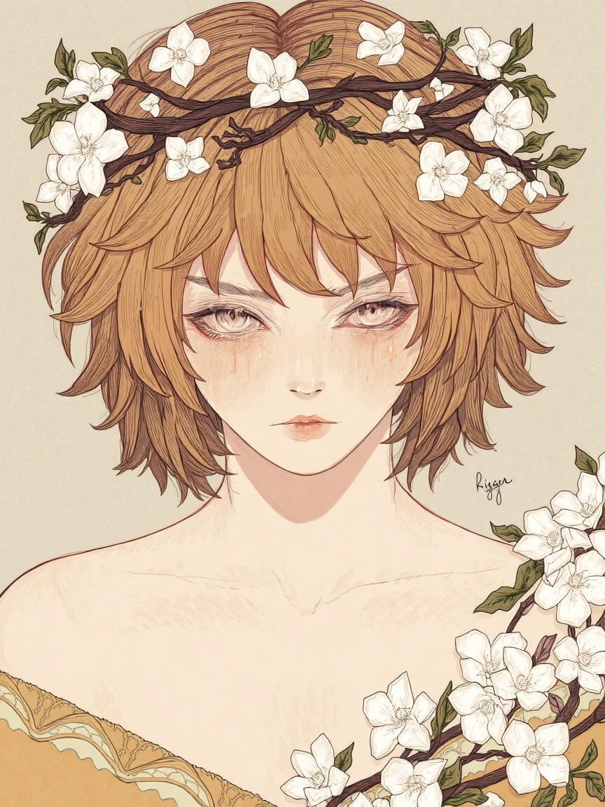 The image is a detailed digital drawing in a fantasy art style. The subject is a humanoid figure with androgynous features, depicted in a surreal, almost ethereal manner. The figure has short, tousled hair with a golden hue, adorned with a delicate, intricate crown made of twigs and leaves. The crown is adorned with white flowers, adding a touch of natural beauty. The figure's eyes are large and expressive, with a melancholic or contemplative expression, and tears are visible on their cheeks, enhancing the emotional depth.