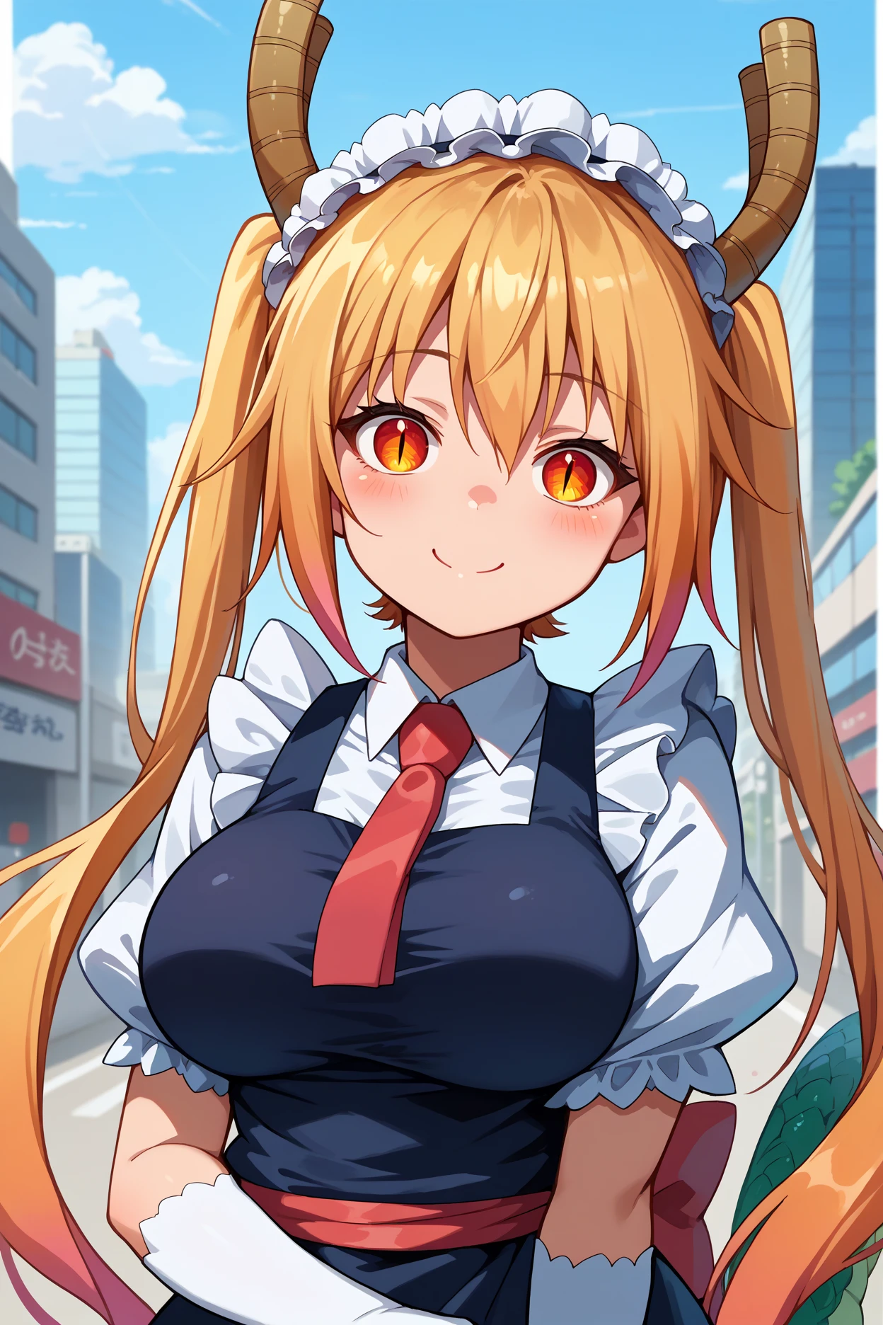 score_9, score_8_up, score_7_up, score_6_up, source_anime, 1girl, solo, <lora:tohru-pdxl-nvwls-v1-000005:1> mdrgtru, blonde hair, twintails, orange hair, gradient hair, orange eyes, slit pupils, horns, headdress, white shirt, collared shirt, red necktie, short sleeves, puffy sleeves, black dress, frills, sash, white gloves, elbow gloves, large breasts, dragon tail, upper body, portrait, blue sky, city, street, looking at you, happy, blush, smile, closed mouth