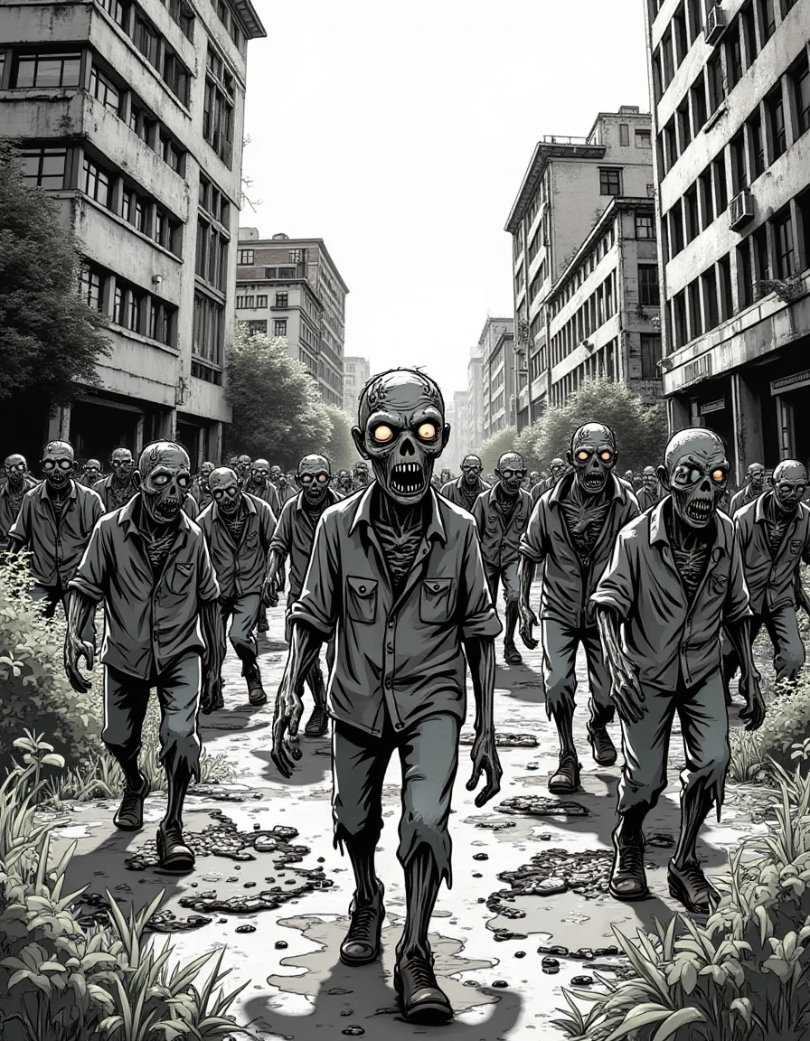 An comic illustration with ink outlines of a horde of cartoon zombies walking aimlessly in the overgrown city. The illustration is playful and creative. <lora:zombiecore:0.7> z0mb1ec0re