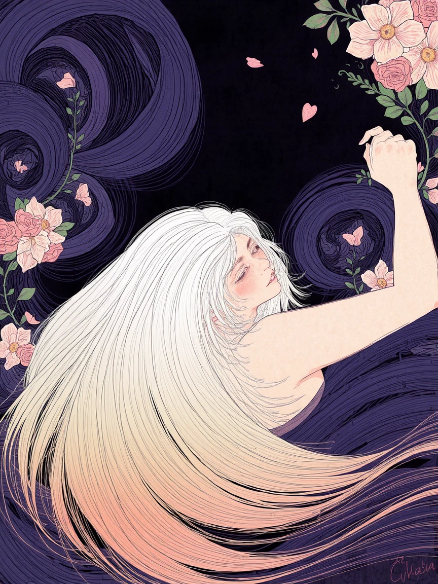 This is a digital illustration in a stylized, surreal art style. The image depicts an intimate, tender moment between two figures. The background is a dark, swirling pattern of purples and dark blues, adorned with soft, ethereal floral elements in various pastel shades, creating a dreamy, otherworldly atmosphere.

In the foreground, a woman with long, flowing hair that transitions from white to a gradient of pastel colors, including shades of green and yellow, lies on her back.