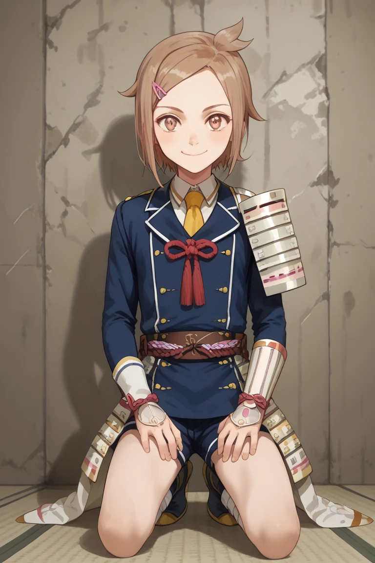 score_9, score_8_up, score_7_up, score_6_up, Houchou toushirou, brown hair, brown eyes, japanese armor, hanamaru style, 1boy, male focus, military uniform, military, solo, uniform, armor, necktie, shorts, shoulder armor, shor, hair ornament, hairclip, smile, kneeling