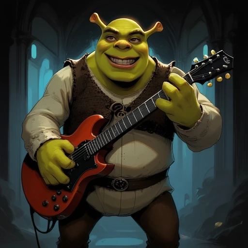 Digital ilustration in style of NeonhadesmixV2 of Shrek playing on a eletrctic guitar