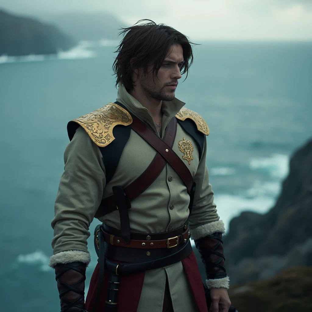 <lora:trevor_v2-just more pics:0.9> cinematography. moody atmosphere. film scene by denis villeneuve.  Trevor Belmont stands at the edge of a cliff overlooking a vast, stormy sea, his brown tousled hair blowing in the wind. His beige tunic with upturned collar, secured by a red harness, shows the gold Belmont family crest prominently on his chest. His white fur-lined leather bracers grip the handle of his leather whip as it hangs at his side. The cold light of the overcast sky casts deep shadows on his face, emphasizing the scruffy very short facial hair and the seriousness of the moment. We dons gold shoulder pads.