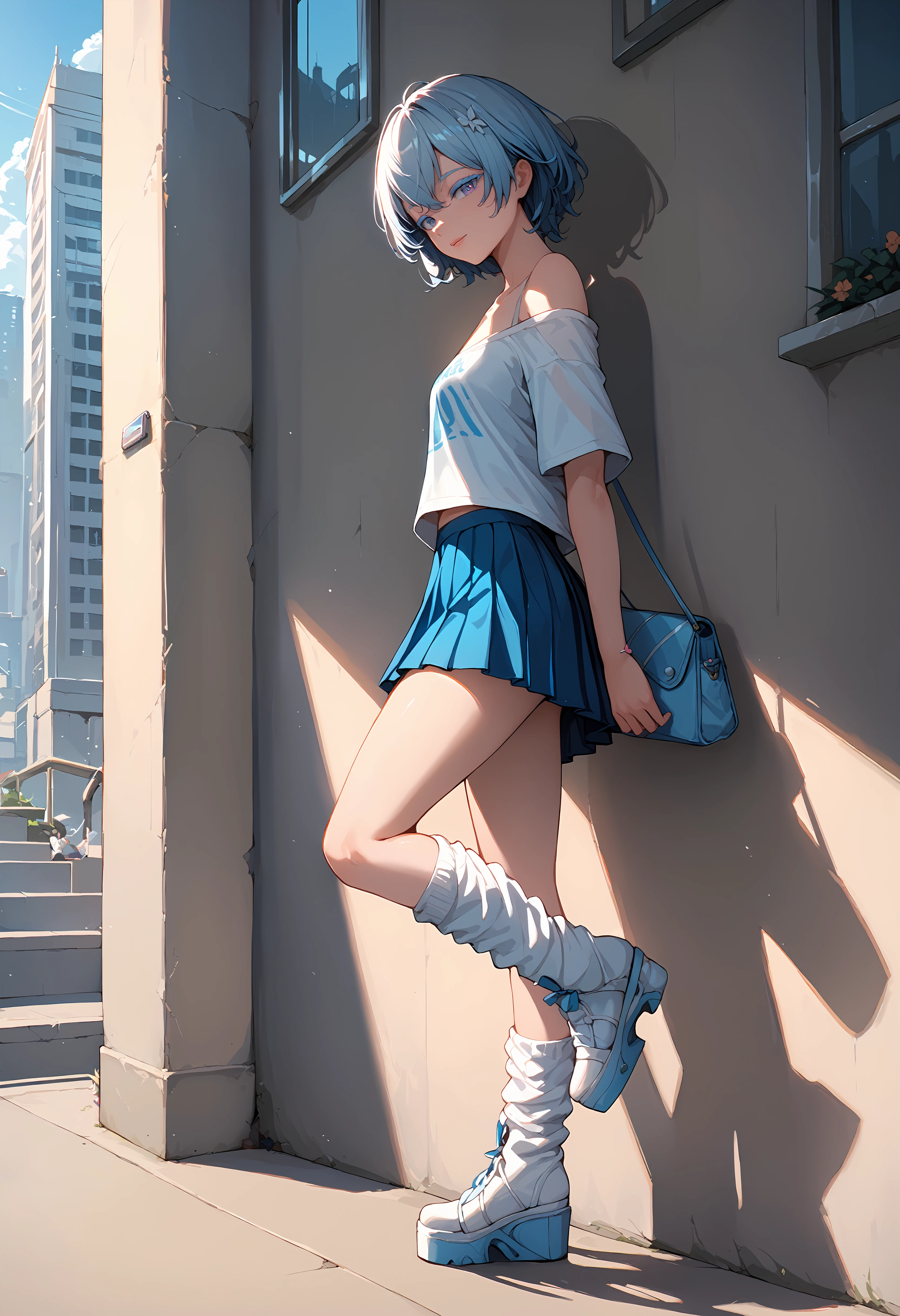 (score_9, score_8_up, score_7_up), 1girl, shorekeeper, colored eyelashes, off shoulder t-shirt, pleated skirt, platform boots, loose socks, handbag, from side, sunlight, shadow, city, standing on one leg, against wall, looking at viewer, <lora:shorekeeper-wwPO-v1cr:0.9>