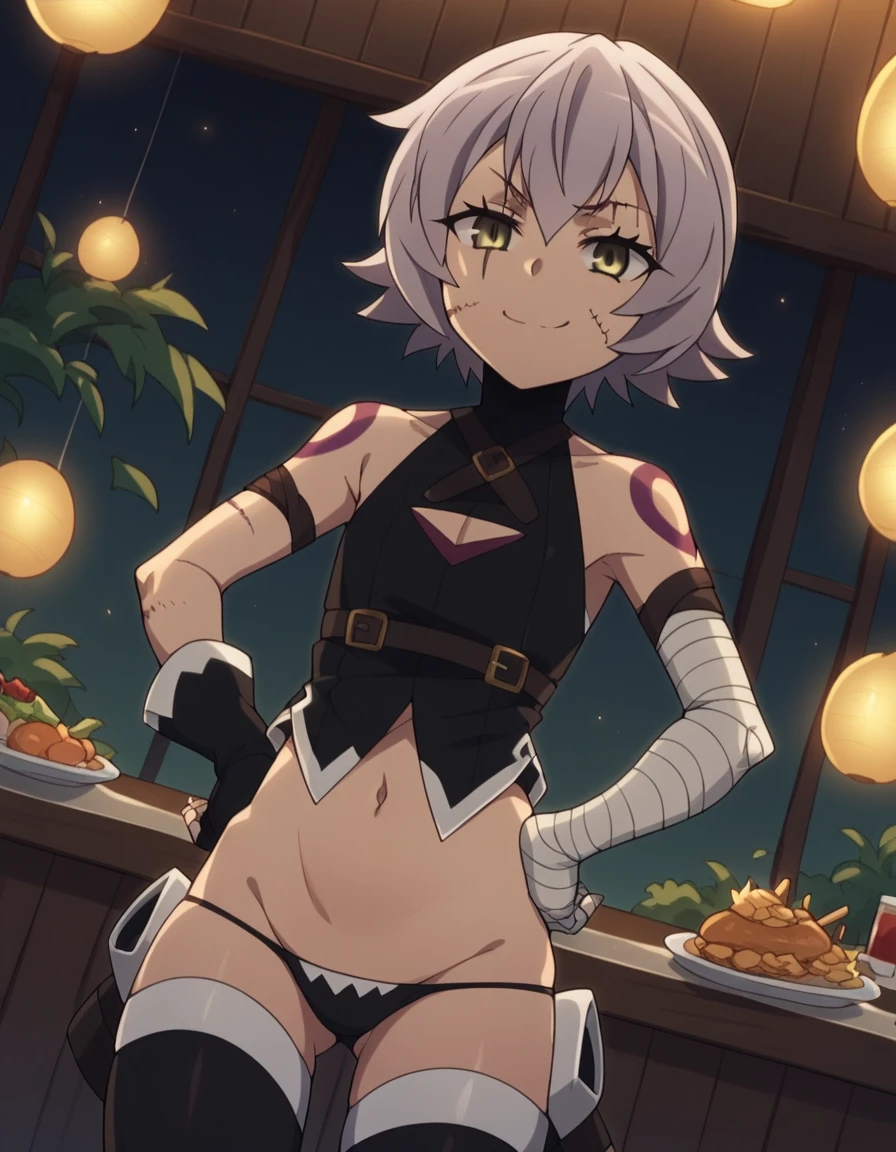 (masterpiece, best quality),female hundred years old, lithe, afro-caribbean, hazel eyes, upswept ears, wide jaw, sunken cheeks, toned back, high cheekbones, purple braided haircut hair, envy wearing flowy culottes, bralette bikini top, , finger bite, playfully biting a finger, suggesting a mischievous and flirtatious demeanor, city lights, the glittering lights of a cityscape, providing a backdrop for urban romance, a cheerful school classroom, with students working together and a passionate teacher