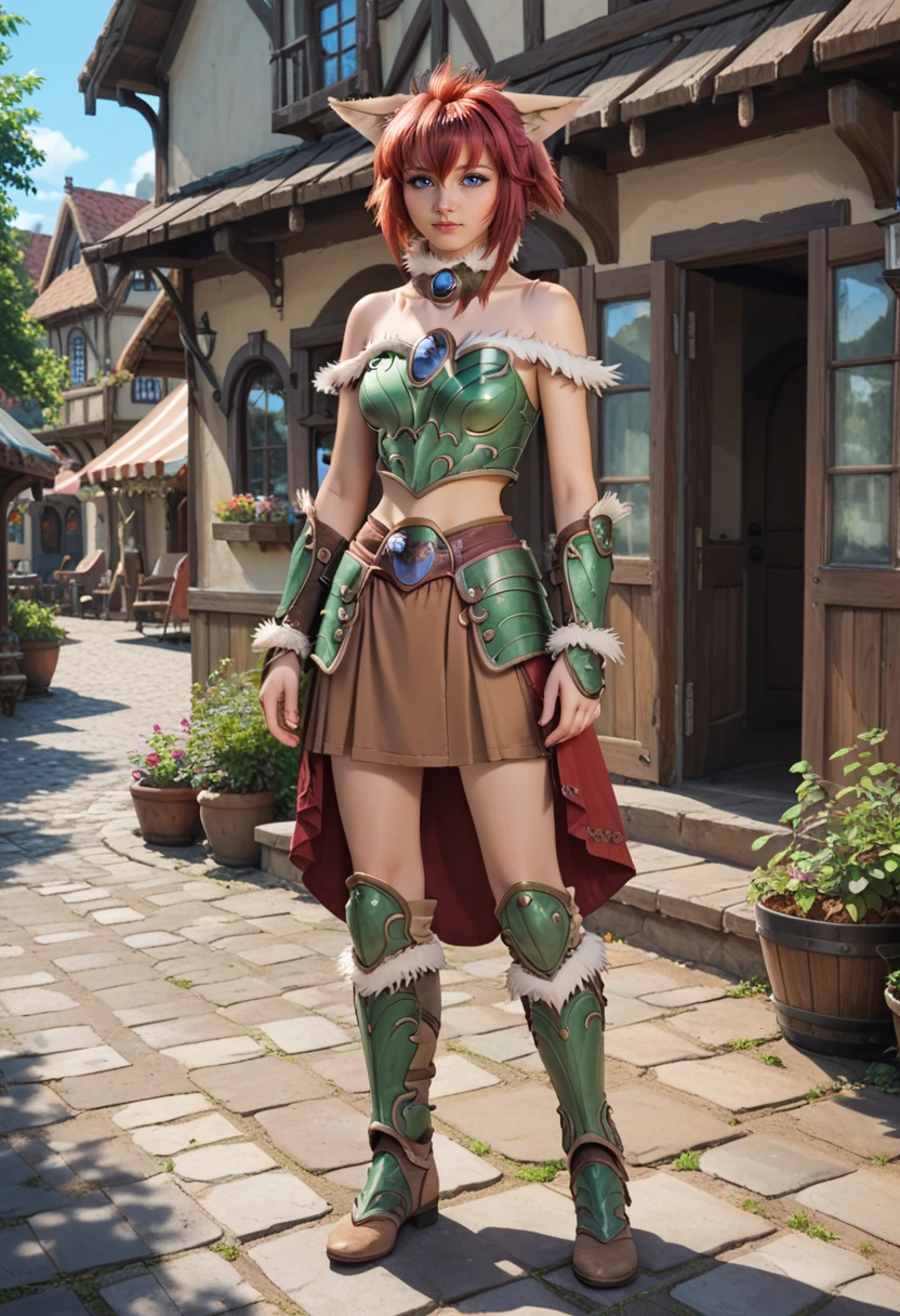 marinbravesoul, 1girl, full body shot, solo, blue eyes, cat ears, cat tail, red hair, green armor, bare shoulder, brown skirt,  fur chocker,   standing, outside, fantasy town, <lora:MarinBraveSoulV2_telr0.0003:1>, score_9, score_8_up, score_7_up,