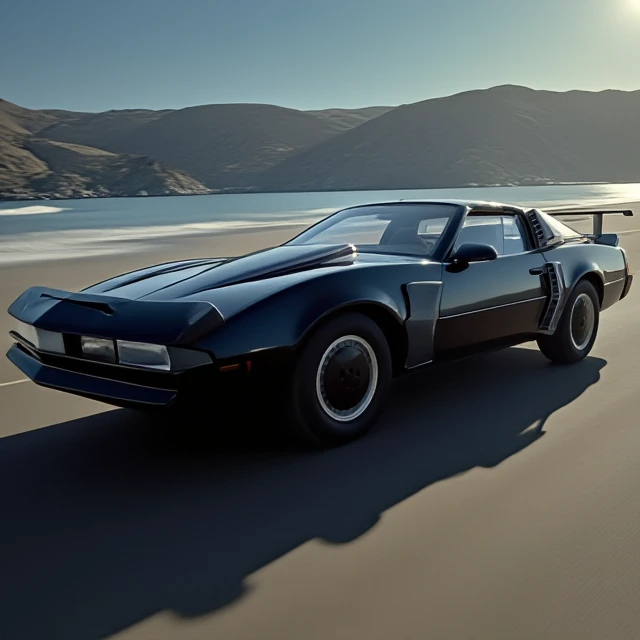 vehicle focus, kitt from knight rider, matte black pontiac trans am, streamline bodywork, glow effect, retro film grain texture, futuristic sports car, motion blur, <lora:SuperPursuitMode:1>