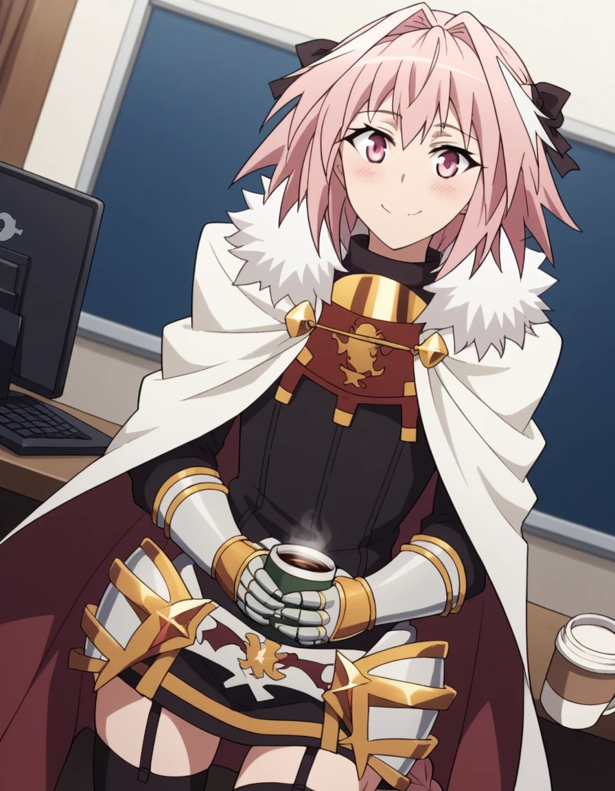 score_9, score_8_up, score_7_up, source_anime, <lora:astolfo-apocrypha-s1-ponyxl-lora-nochekaiser:1>, astolfo, long hair, pink eyes, hair ribbon, pink hair, braid, ahoge, white hair, male focus, multicolored hair, streaked hair, single braid, otoko no ko, long braid,, thighhighs, black thighhighs, cape, armor, fur trim, garter straps, gauntlets, cloak, white cape,, home office, working from home, computer screen, coffee cup, focus, deadline, smile, hands on stomach, blush,, looking at viewer, solo,, dutch angle, cowboy shot