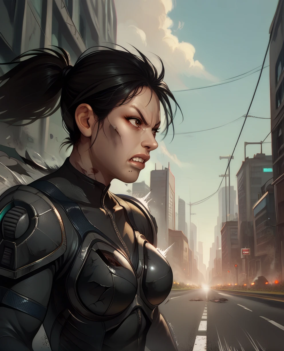 score_9,score_8_up,
fayexl,ponytail,black hair,brown eyes,
black body suit,armor,solo,motion lines,clenched teeth,
dynamic angle,rushing,serious,damaged,
highway, 
city,science fiction, <lora:fayexl:0.8>,