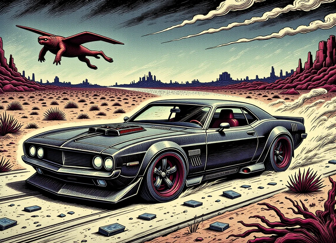 A futuristic muscle car, donM5by55pr1n7fx, speeding down a desert highway with tinted windows and a sleek, curved body. In the background, the flying dutchman from SpongeBob SquarePants is soaring overhead, while a pair of led fog lights illuminate the road ahead. Vent visors are folded inwards, and glass shards scatter across the asphalt as the car speeds by.