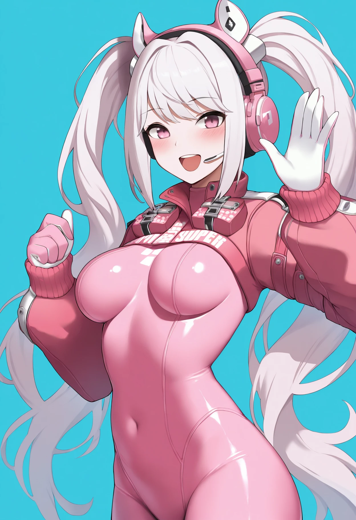 masterpiece, best quality, 1girl, solo, <lora:alice-nikke-richy-v1_ixl:1> alicedef, pink eyes, white hair, twintails, very long hair, bangs, headset, fake animal ears, animal ear headphones, shrug \(clothing\), long sleeves, medium breasts, pink bodysuit, latex bodysuit, multicolored gloves, pink gloves, white gloves, waving, smile, :D, open mouth, looking at viewer, blue background, blush, covered navel