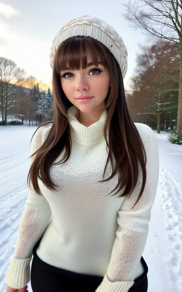 (masterpiece:1.2) (photorealistic:1.1) (bokeh) (best quality) (detailed skin) (intricate) (8k) (HDR) (cinematic lighting) (sharp focus), white women, winter, snowfall, (browns Sweater Dress:1.4), white cap, (black tights:1.4), , highlighted dark brunette hair ((90s long straight hairstyles)), <lora:Bimbo_Realistic_-_Fitness_Body :0.8>,