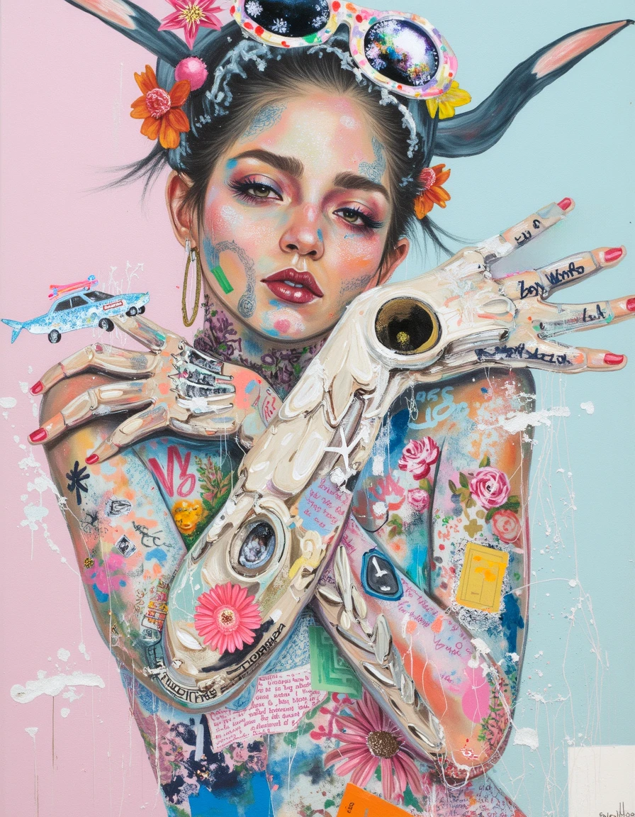 dcho, woman, arms crossed, blue pink gradient hand, covered in an intricate collage of colors patterns and objects, paper mache with text, small car, small skull, white scratches and paint drip, floral pattern, eye shadow, fuzzy blurry face, long black ears, fish scales, book, sunglasses on head