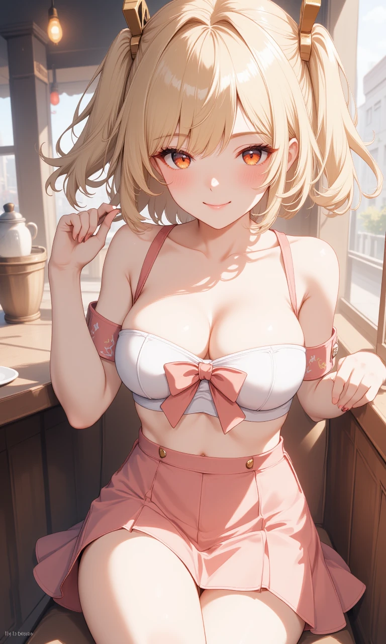 anime,digital anime-style,unity 8k wallpaper,(illustration:1),
1girl, tj_burnice,orange eyes, blonde hair, short hair, two side up, hair ornament,eyewear on head, 
nail,seductive pose,blush,smile, 
a sexy girl in a cozy cafe, wearing a tight-fitting JK uniform with a pastel pink skirt and a white blouse with a matching pink bow, beautiful detailed eyes, beautiful detailed lips, extremely detailed eyes and face, long eyelashes, golden blonde hair in loose curls, sitting at a window seat with one leg tucked under her and the other dangling, seductive pose with a slight lean forward and hand playing with her hair, background of warm decor and soft sunlight streaming through the window, detailed textures of the uniform and cafe furniture, epic lighting, stunning visual impact, close-up shot, from slightly below, capturing her warmth and the inviting environment