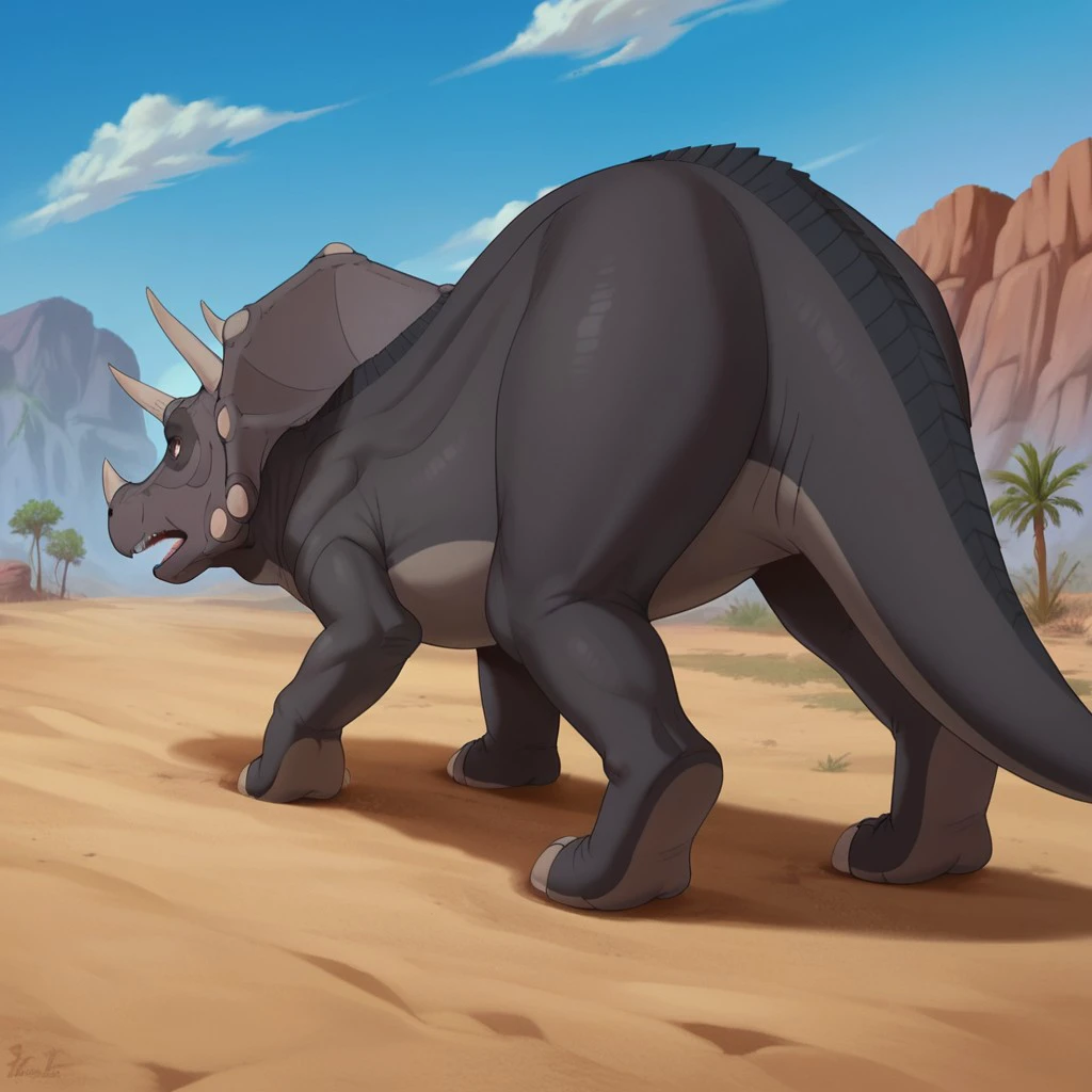 score_9, score_8_up, score_7_up, score_5_up, source_furry, Topsylbt, feral, male, triceratops, grey skin, dinosaur, from behind, desert, running, <lora:7dd20ead-fe91-4725-b9af-b8a686544ae3:0.7>