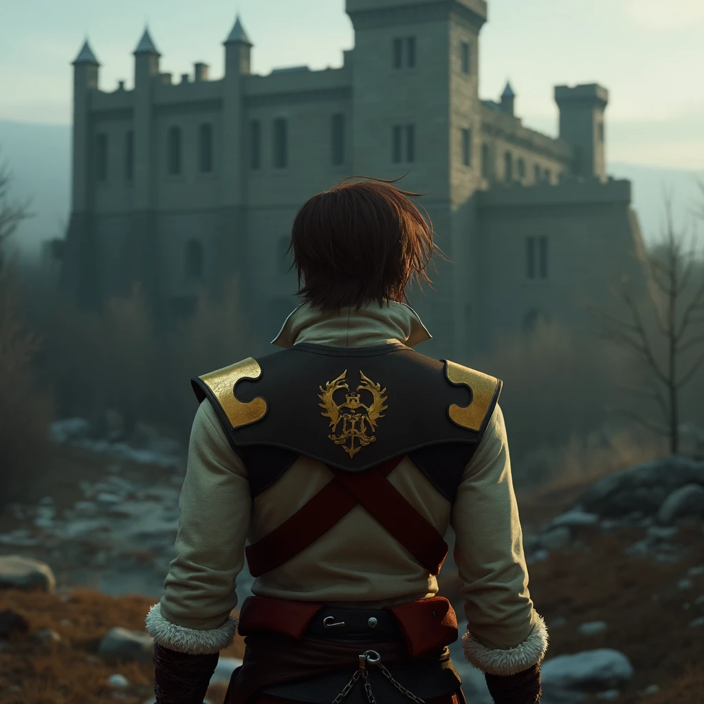 <lora:trevor_v2-just more pics:0.9> cinematography. moody atmosphere. film scene by denis villeneuve.  Trevor stands in front of an old, crumbling castle, his brown tousled hair blowing in the cold wind. His beige tunic, marked by the gold Belmont family crest and gold shoulder pads, contrasts with the dark, ominous structure behind him. His white fur-lined bracers and red harness reflect the faint light of the setting sun, while his chain whip hangs loosely at his side, ready for action.