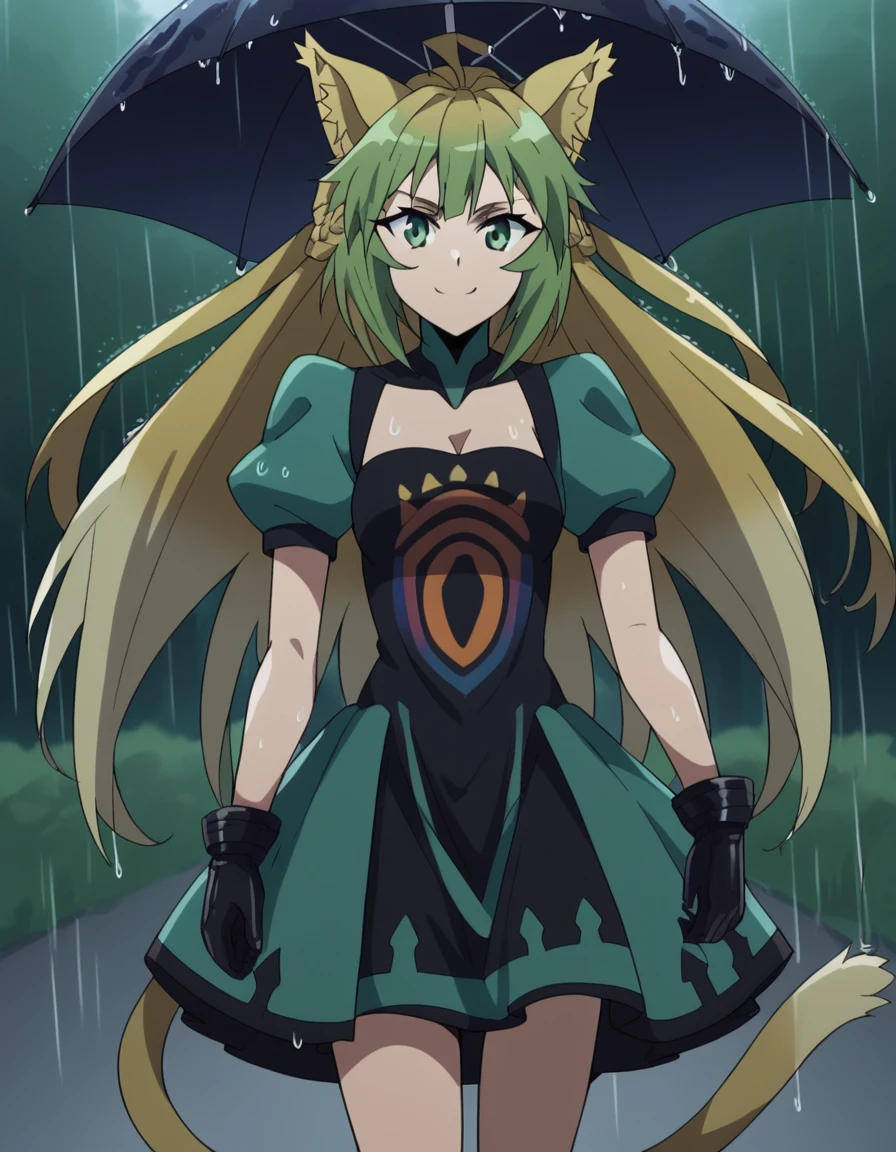 score_9, score_8_up, score_7_up, source_anime, <lora:atalanta-apocrypha-s1-ponyxl-lora-nochekaiser:1>, atalanta, animal ears, blonde hair, cat ears, cat girl, cat tail, green eyes, green hair, hair between eyes, long hair, multicolored hair, tail, medium breasts,, black gloves, gloves, skirt, dress, green dress, short sleeves, puffy sleeves, juliet sleeves, short skirt, green skirt,, rainy day, umbrella, walking home, puddles, wet hair, smile, smile, looking at viewer, solo,, dutch angle, cowboy shot