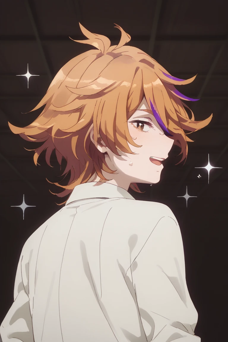 score_9, score_8_up, score_7_up, score_6_up, gotou toushirou, orange hair, orange eyes, hanamaru style, male focus, 1boy, sweatdrop, multicolored hair, streaked hair, open mouth, smile, purple hair, looking back, sparkle, beige shirt