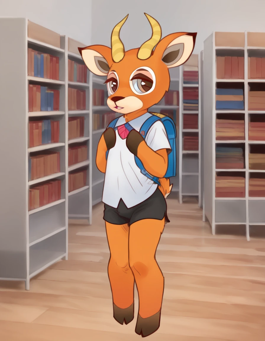 library,  
 Beau, 1boy, solo, horns, furry, animal ears, tail, hooves, furry male, body fur, deer ears, goat horns, animal nose, brown eyes, long eyelashes, 
full body, seductive smile, parted lips, male focus, 
school uniform, backpack, black shorts, 
 <lora:Beau_v04_PDXL:1>,
 <lora:add-detail-xl:1>,