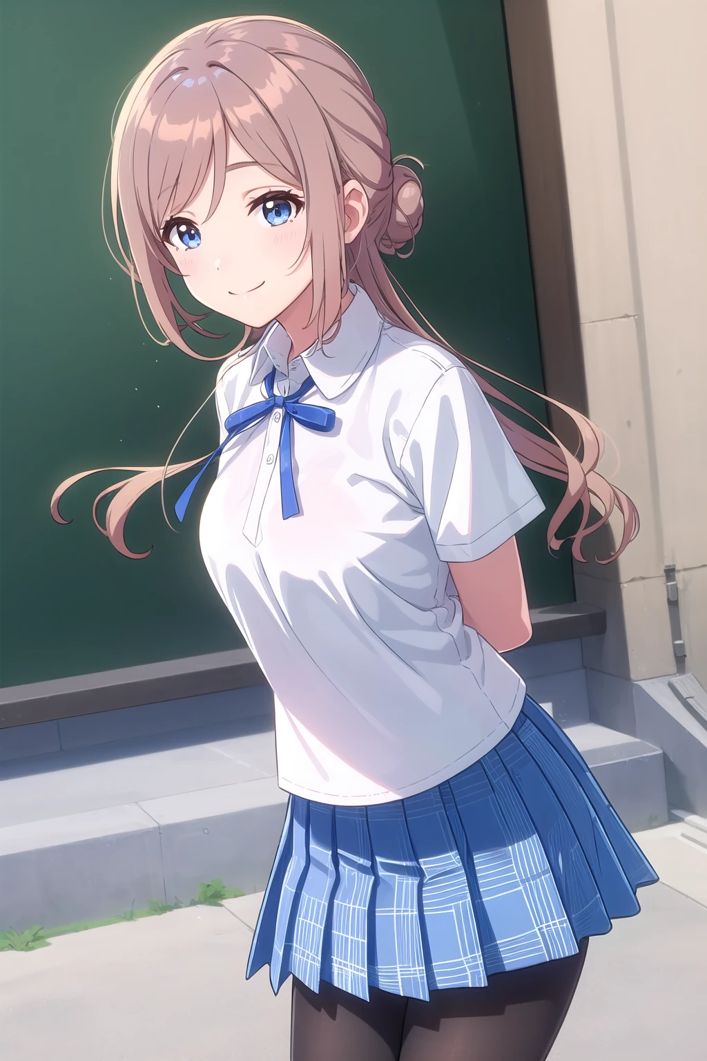 (masterpiece, best quality), highly detailed background, perfect lightingbest quality, himesakirinami, solo, outdoors, city, light brown hair, single hair bun, swept bangs, sidelocks, long hair, blue eyes, medium breasts, neck ribbon, blue ribbon, collared shirt, white shirt, short sleeves, (arms behind back:1.1), blue skirt, plaid skirt, black pantyhose, school uniform, smile, closed mouth, :), <lora:Himesaki-Rinami:0.7>